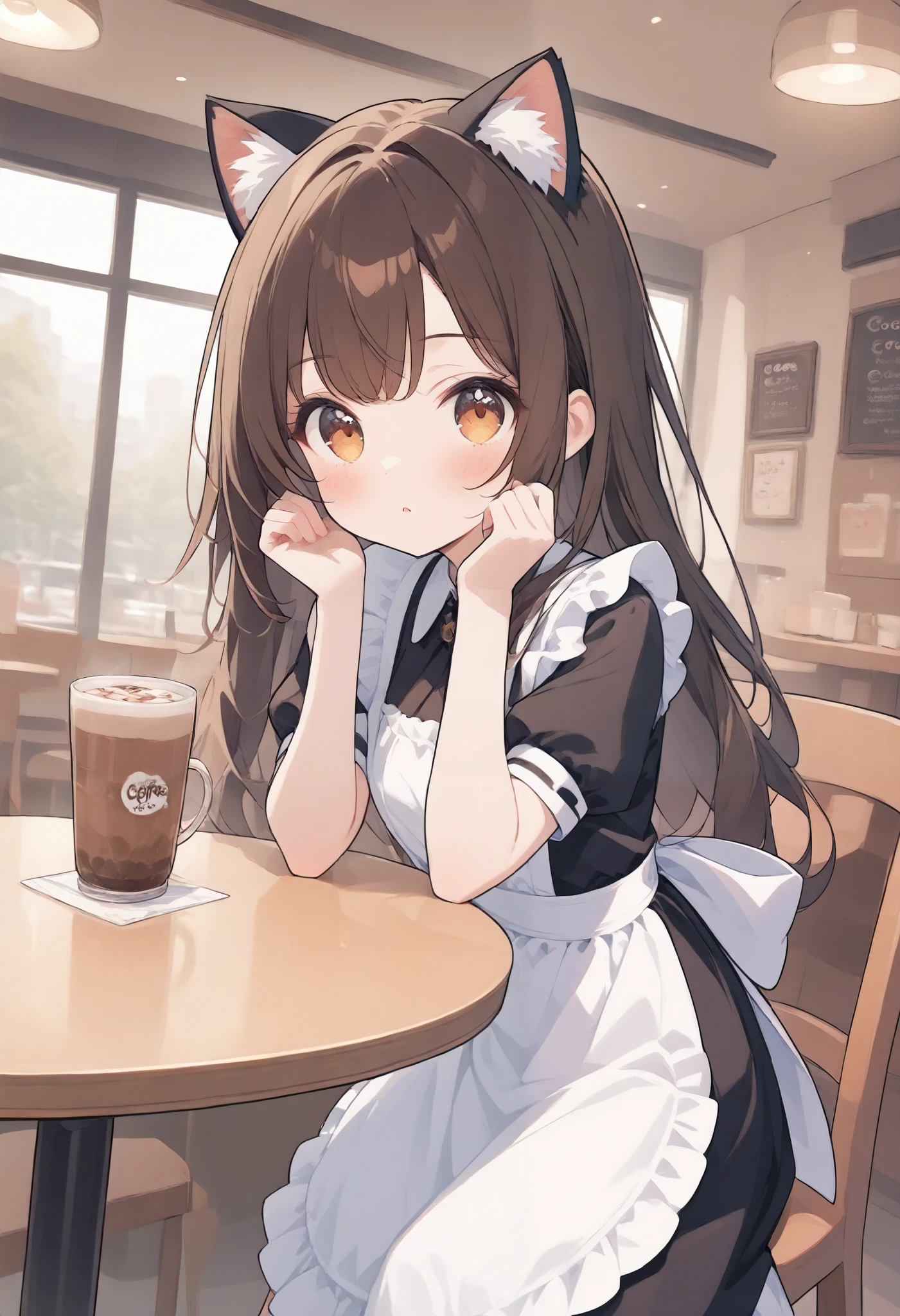1girl, high quality illustration is 8K anime with solid stroke,
cocoa\(drink\),table,sit chair, maid dress with cat ears, paws,dark brown hair,long hair,brown eyes,
coffee shop, loop hair, dynamic angle, hands up, looking at viewer with upward glance, upturned eyes, leaning forward,