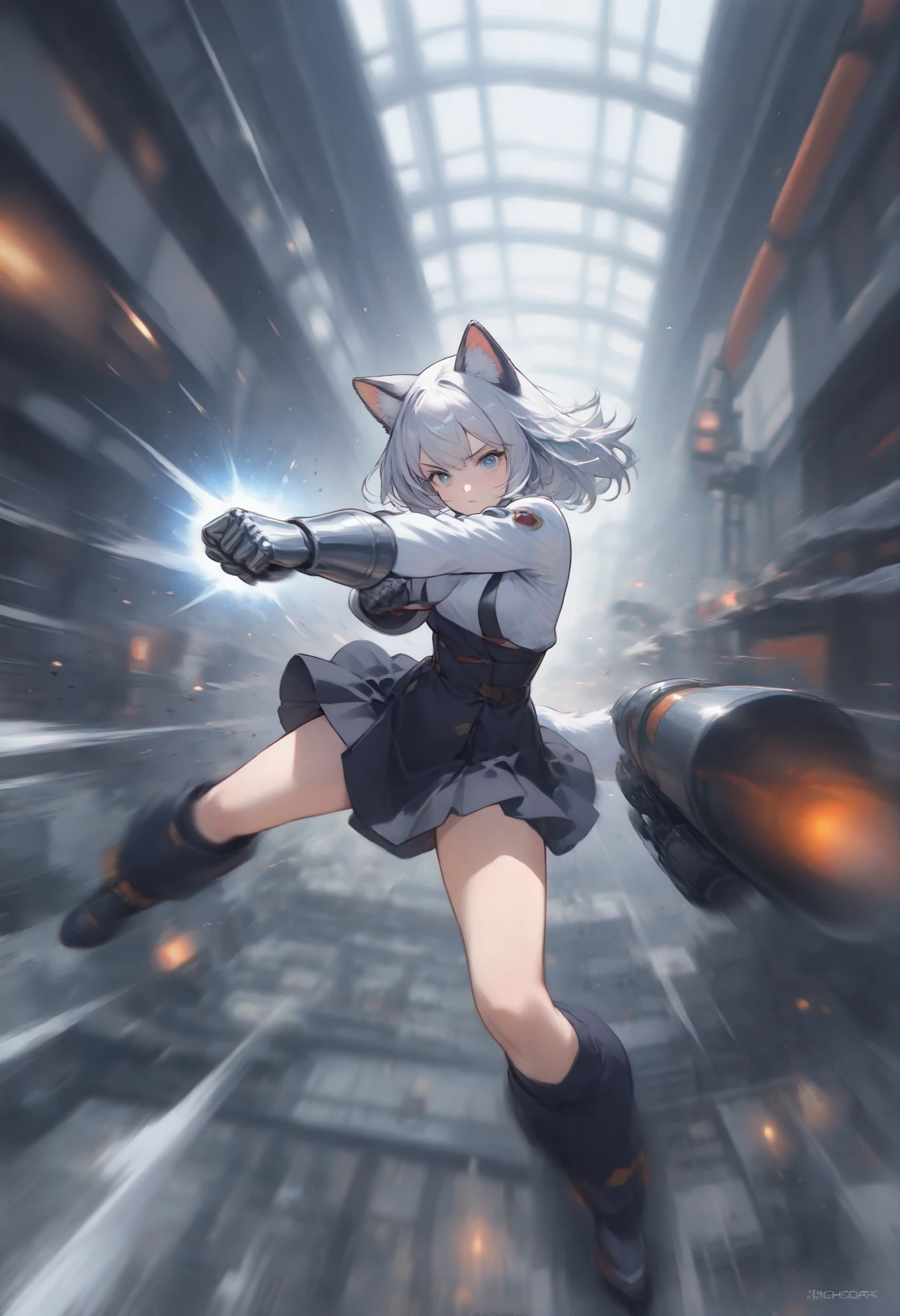 1girl, high quality art is 8K anime with solid stroke,
cocoart,action,action angle,action view,metal glove,animal girl,factory,outfit, detailed silver metal,jet punch,motion blur,looking at viewer,reached arm,