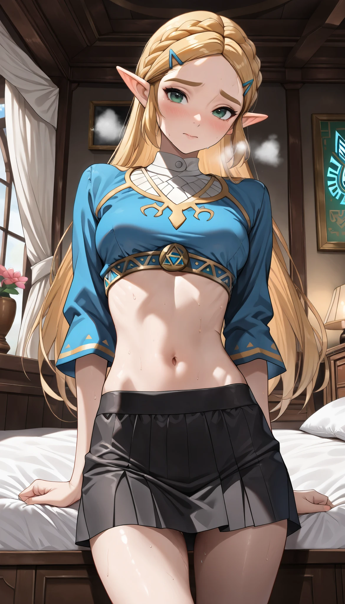 (masterpiece, best quality), cowboy shot, 1girl, indoors, beautiful, gorgeous, cleveage, expressive eyes, perfect face, ( Princess zelda )
blonde, disney modern style, underboob, white panties, long blonde hair, braid, blue detailed eyes,