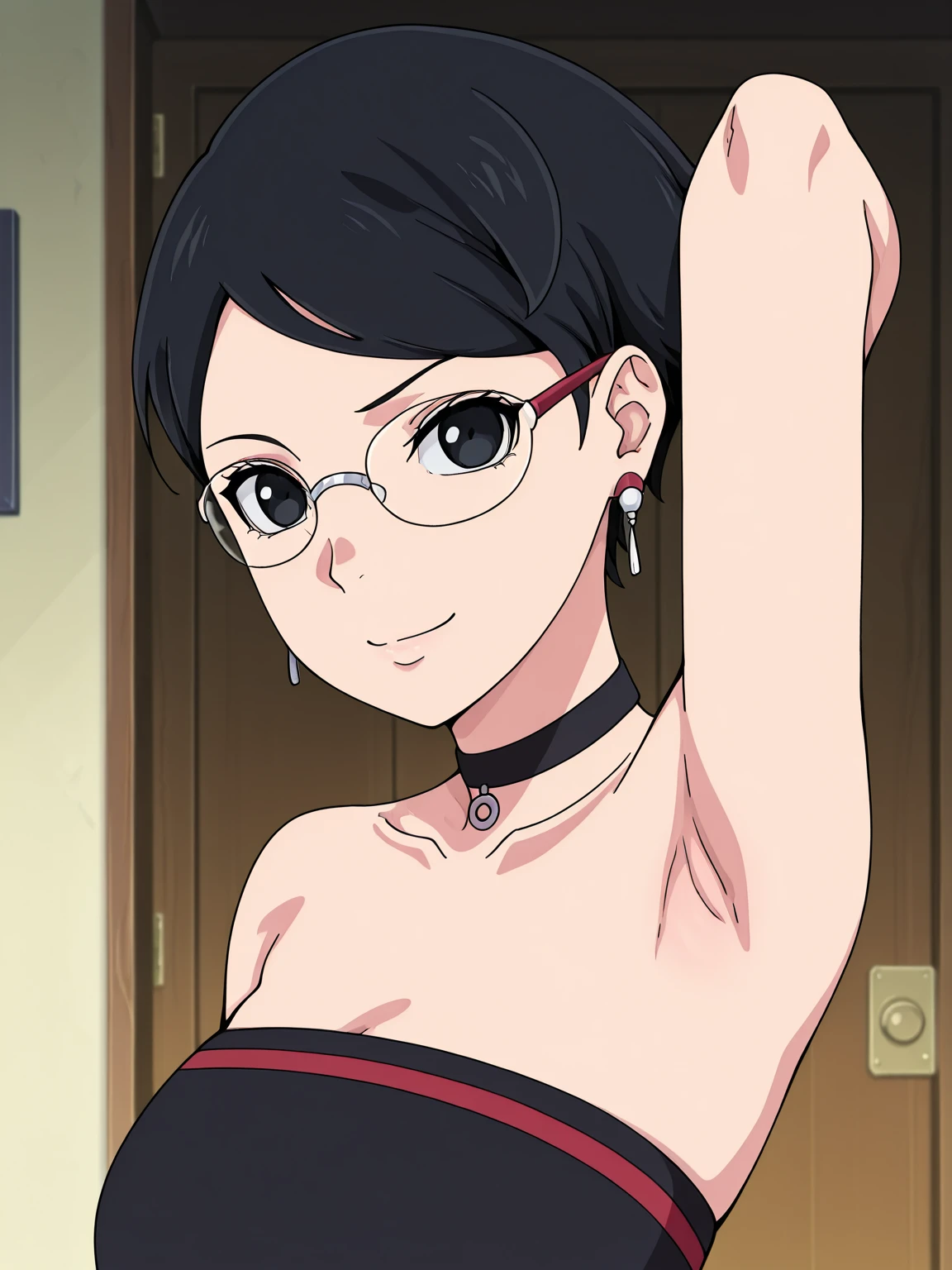 (highres,masterpiece:1.2),ultra-detailed,realistic,professional,beautiful detailed eyes,beautiful detailed lips,dark hair,short black hair,red glasses, small breasts,stunning black eyes,clear skin,1 girl,fashionable short hairstyle,vibrant red glasses,Shinobi Academy,fierce determination,confident posture,naked,intense gaze,background filled with ninjutsu techniques,shadows cleverly accentuating her features,subtle studio lighting,sublime realism,striking color tones