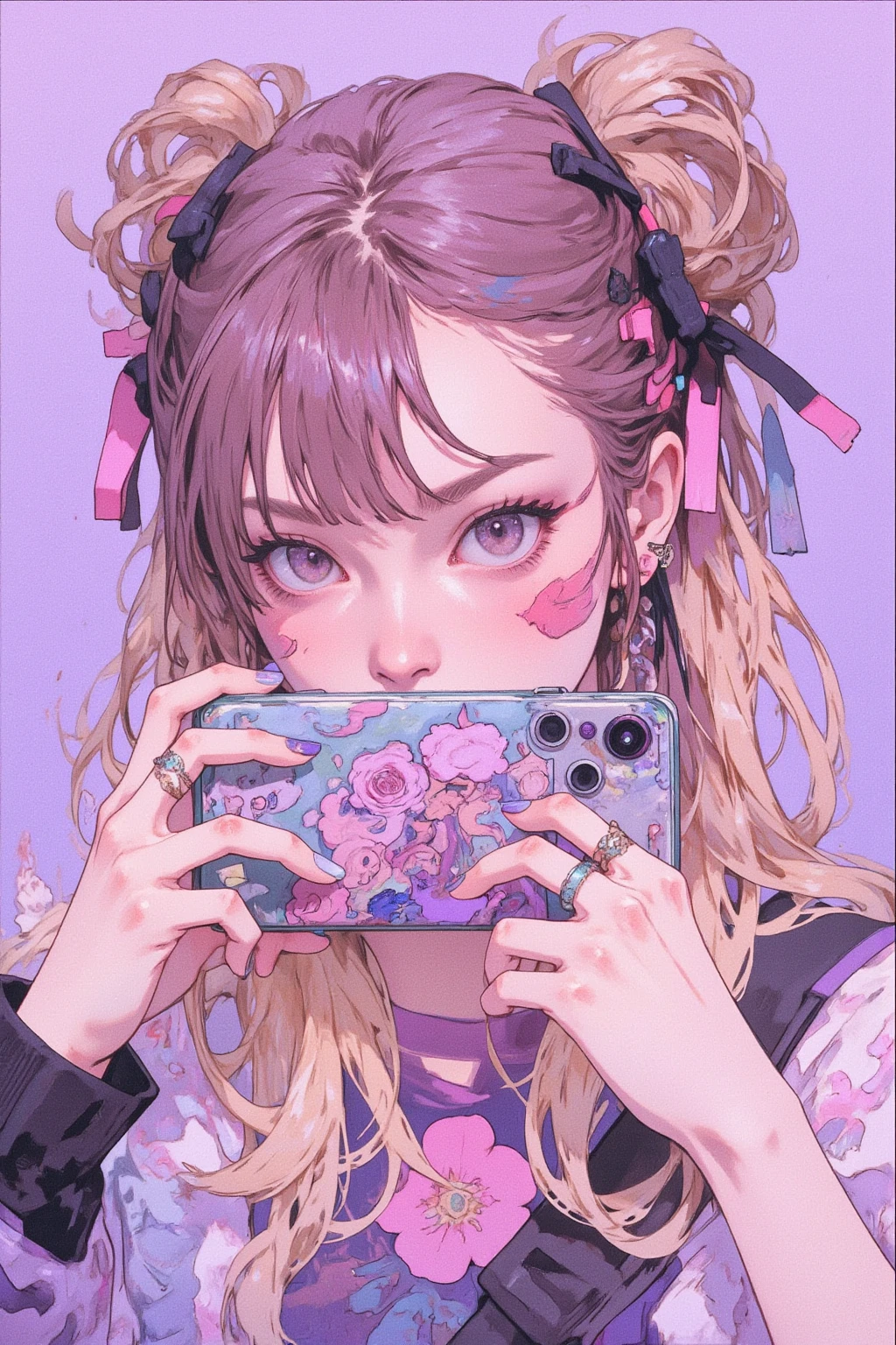 Anime illustrations in the style of "Kyoto Animation", highest quality, (cute: 1.1), (cute), (high resolution: 1.2), incredibly ridiculous: 1.3, incredibly fine illustrations, break 1 Beautiful Girl、独奏,Small horns、short-hair、Big eyes、oh、closed mouth、camisole:1.5,preated skirt:15,D cups,cleavage breasts:15、(Pink Kawaii Room),(Pink Gothic Room),(messy room, Marchen,ribbons,Small window, (heterochromia, light blue eyes and light green eyes),Silhouette of the eyes of the stars、 solo, standing figure, happy, :d, princess eyes, Big breasts, break ,Braids、Light pink hair、Semi-long hair、Red ribbon at the end of braids、Sitting at a desk、Angle from the side、Looking at the PC、Looking at the iPhone、office、