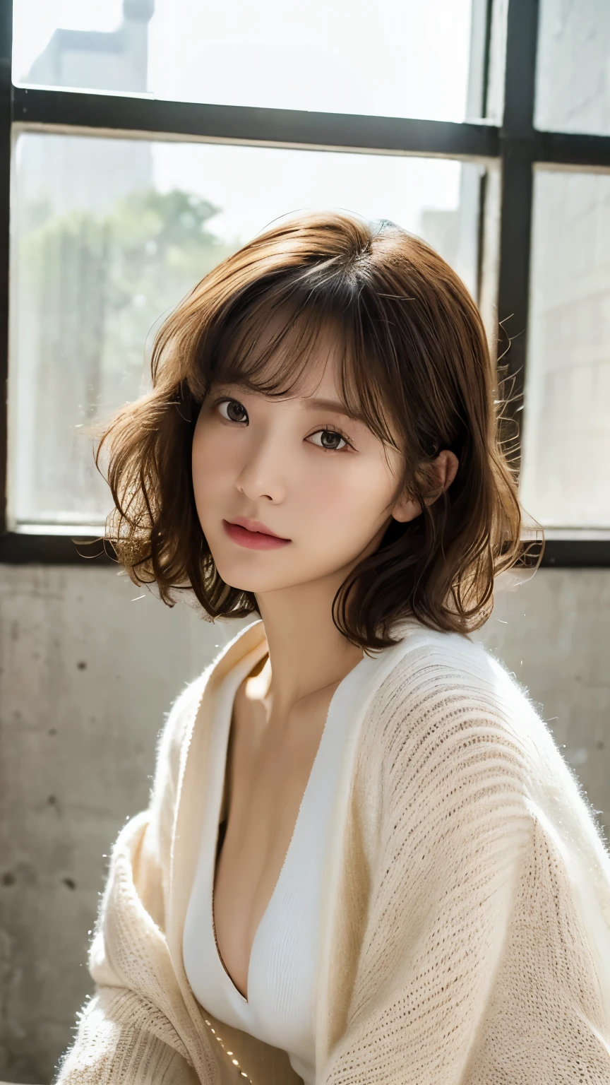 top-quality、8K、32K、​masterpiece、nffsw:1.2)、cute little日本人女性の写真、large full breasts、very short bobbed hair、The upper part of the body、sface focus、Oversized_Sweaters、a necklace、simple background、From above、looking at the viewerix4、(8K、Raw photography、top-quality、​masterpiece:1.2)、(realisitic、Photorealsitic:1.37)、1girl in、cute little、profetional lighting、photon maping、physically-based renderingt、Gradient Brunette Hair、short curly hair、a handsome、Girly、superior image quality、hight resolution、1080p、(Clear face)、(Detailed face description)、(Detailed hand description)、(masuter piece)、(Exquisite CG)、 extreme light and shadows、hair messy、​masterpiece、lush detail、(Exquisite facial features)、(The highest image quality)、(​masterpiece)、(A detailed eye)、Looking forward to your eyes、Delicate collarbones、Poses variadas、don&#39;t watch mela、profile、white walls、(white walls room with window)、Autumn clothes、Winter clothes、simple a necklace、T-shirt