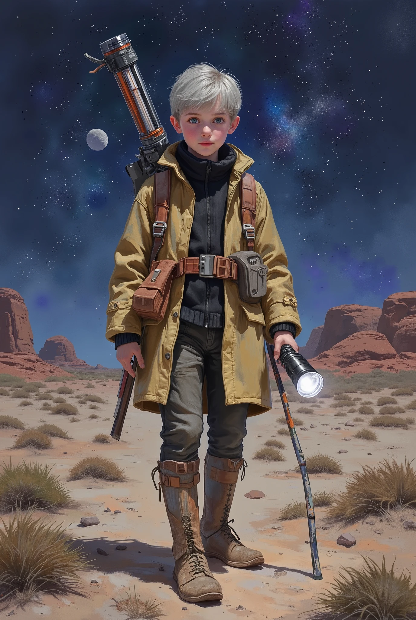 boy, has a restless spirit and gray eyes that reflect a mind that is always attentive to the unknown. His silver hair is cut short , and he wears a heavy coat and sturdy boots , suitable for those who walk through unexplored terrain . He always carries a long-range flashlight and a multifunctional cane , ready to defend themselves or improvise solutions for any challenge . digital painting style with watercolor textures and worn traces , earthy color palette with metallic details and touches of blue and purple in the night sky. Focus on the boy in the foreground , with a slightly blurred background to create depth , Inhospitable planet , Star Wars style.