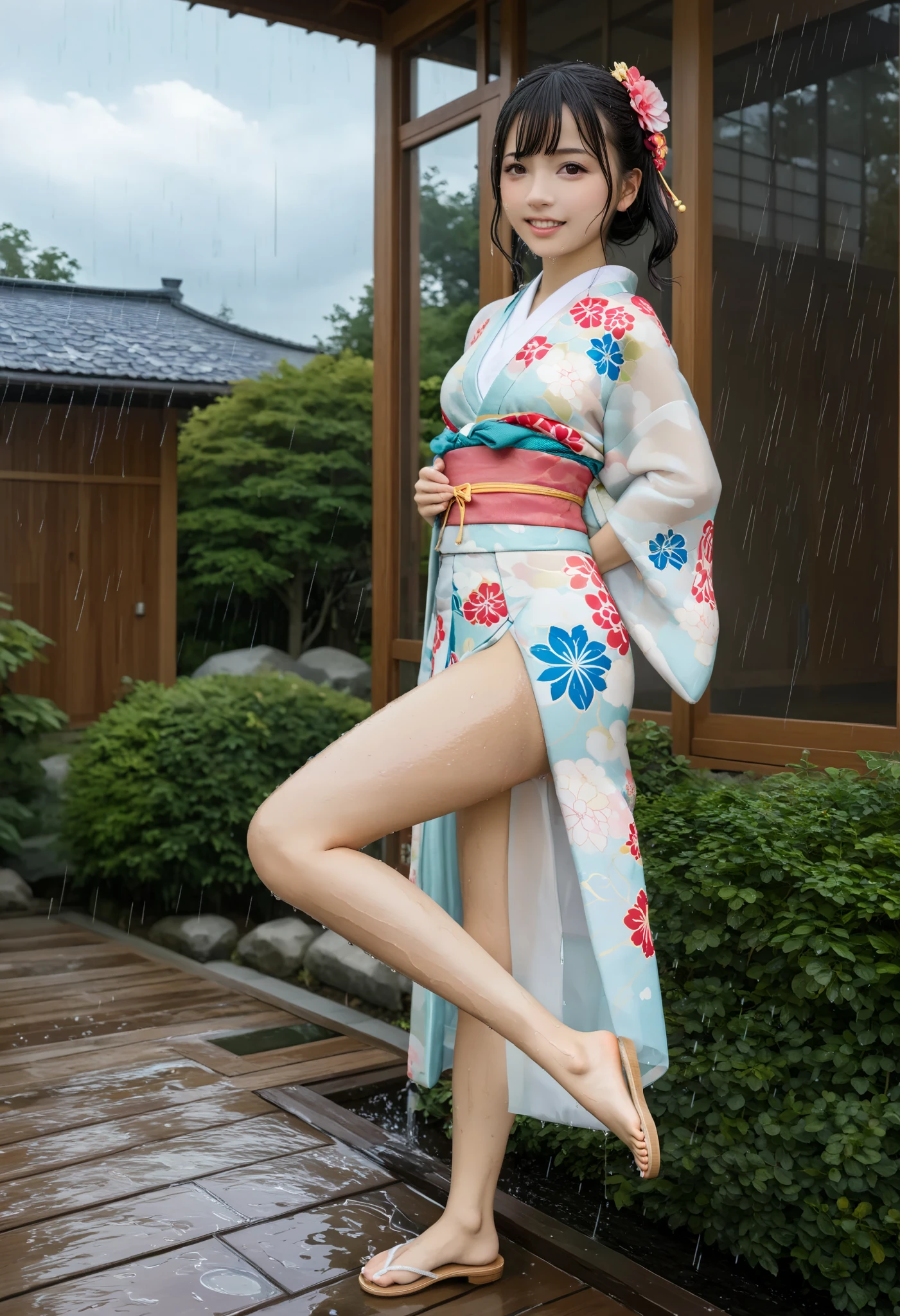 最 high quality 、 high quality 、 最 high resolution、 high resolution、8K quality、 HD 、 最 high quality、 Masterpiece 、 Immersive Footage 、 非常に realistic images 、 realistic images 、 perfect detail 、 high contrast 、High fidelity、 perfect photo 、Close to reality、 Images reproduced in detail down to the smallest detail 、Detailed and realistic human body、Detailed and realistic human skin、 Detailed and realistic face、Detailed and realistic eyes、 Realistic lips drawn in detail 、 detailed and realistic teeth、Realistic ears、 Realistic hair 、(( Japanese model))、(( junior. idol))、(( middle school girls))、((Young Face))、(( black hair))、((平たい胸、 small breasts))、(( petite figure、 slim figure))、((Full body glossy skin))、((Traditional Japanese Garden))、((Rain clouds spreading across the sky))、((Heavy rain weather))、(( downpour))、((Stormy wind and rain))、((( see through. floral kimono)))、(((Transparent Vinyl. floral kimono)))、((( downpourの中でアウトドア( beautiful posture)))、(((Drenched and wet skin all over )))、((Rain dripping from wet kimono ))、((( I can clearly see her skin from under her wet kimono)))、((( raise one leg. sexy pose )))、(( subject close-up))