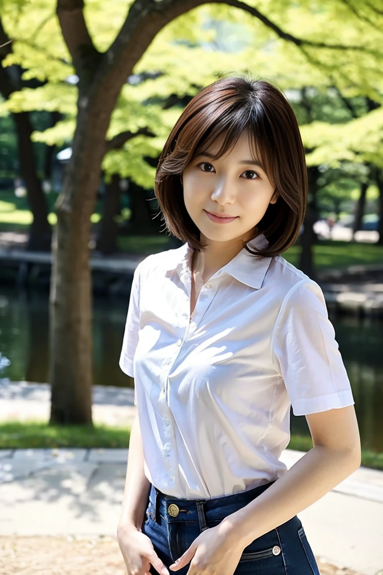 (Realistic:1.4), (surreal:1.4), (Smooth lighting:1.05), 1 Girl, Laugh a little, Pure beauty, 22 years ago, Soft lighting, Backlight, (High quality realistic skin texture), Narrow eyes, Very detailedな顔, Glowing Skin, retina, Anatomically correct, Acura, Very detailed, Rough skin, high quality, Advanced Details, 最high quality, High resolution,Morning forest with clear water flowing through it, Short hair swaying in the wind, bangs, blouse