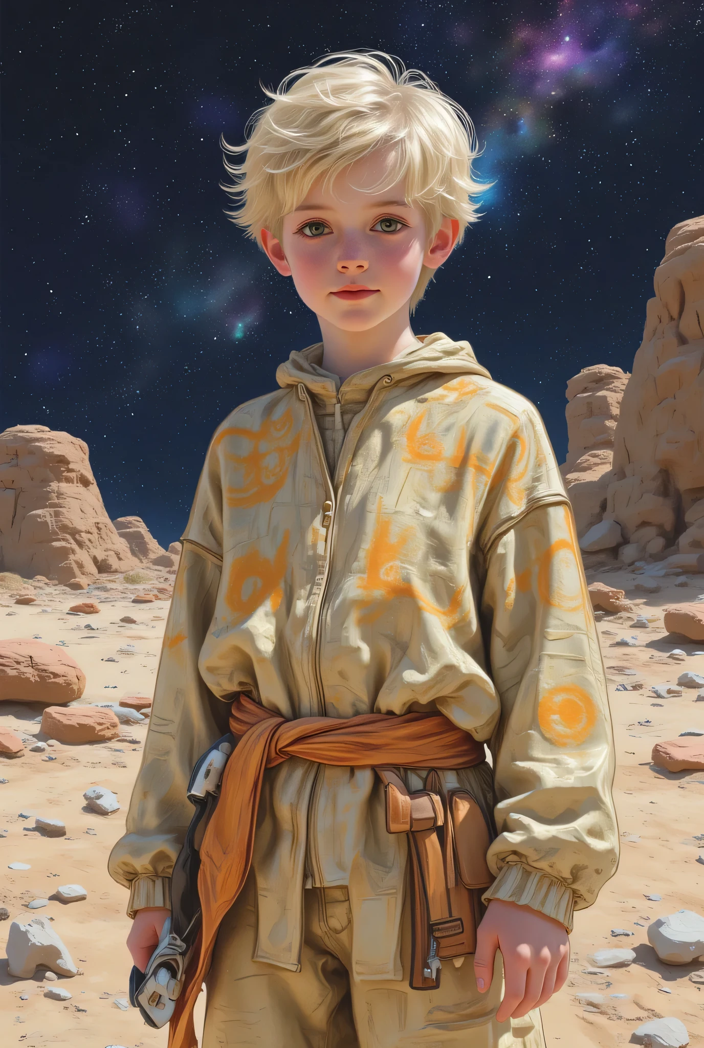 boy and an ever attentive eye, as if he were trying to decipher the mysteries of the universe . His blond hair is always messy , and his clothes , although simple , traces carry subtle details of the cultures and symbols he studied in his readings. He always has a scrawled notebook , filled with theories , maps and diagrams of places he hasn't even visited . His calm and observant manner contrasts with his tireless mind , that seeks answers to everything around him . digital painting style with watercolor textures and weathered , earthy color palette with metallic details and touches of blue and purple in the night sky. Focus on the boy in the foreground , with a slightly blurred background to create depth , Inhospitable planet , Star Wars style.
