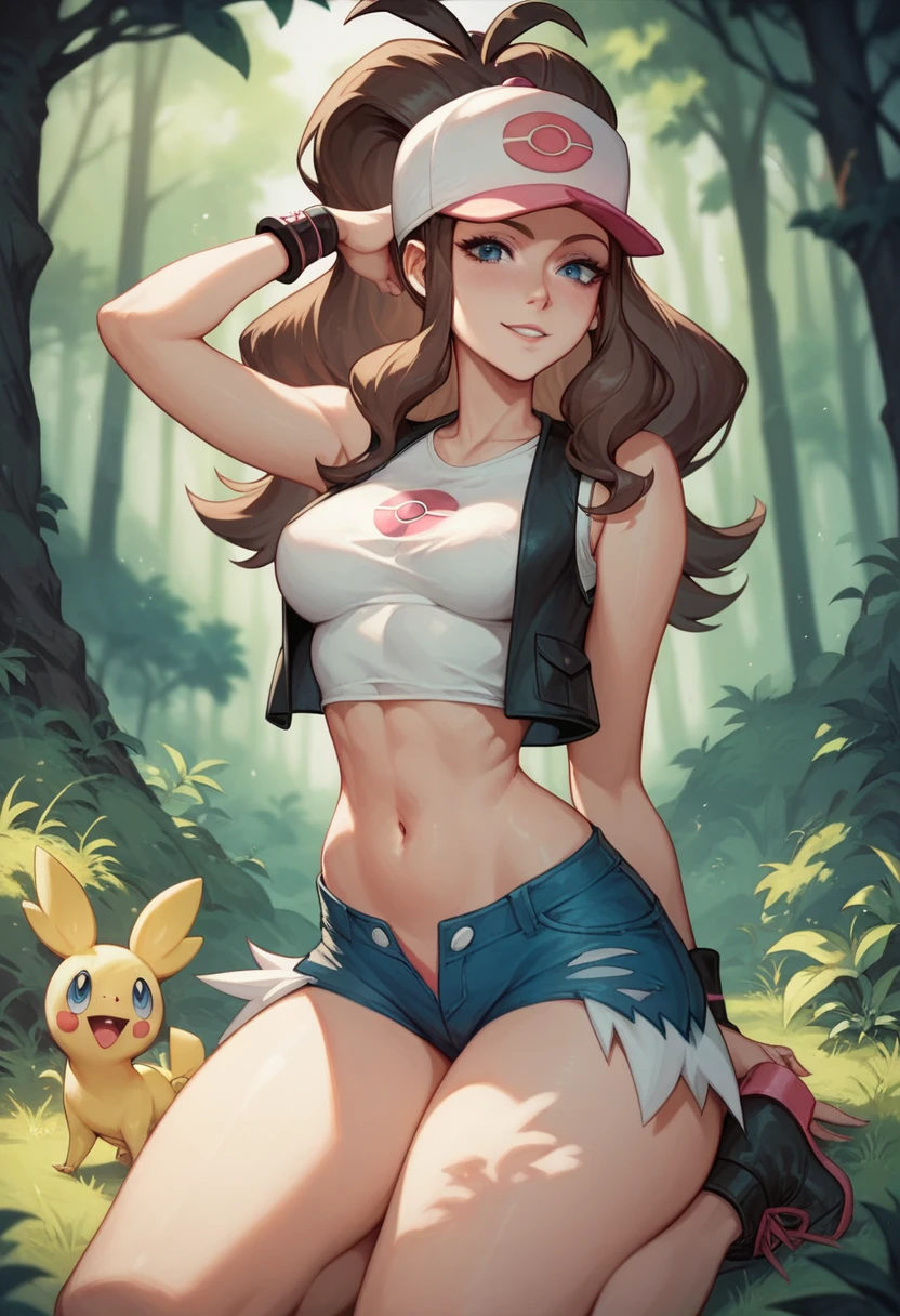 Venario is a forest with plenty of vegetation and trees. Little light and a dirt road on the ground. At the top of the image there is a detail of the girl&#39;s hair. At the bottom of the image there is the continuation of the female figure&#39;s legs.. The scene is realistic anime. com bons contrastes.