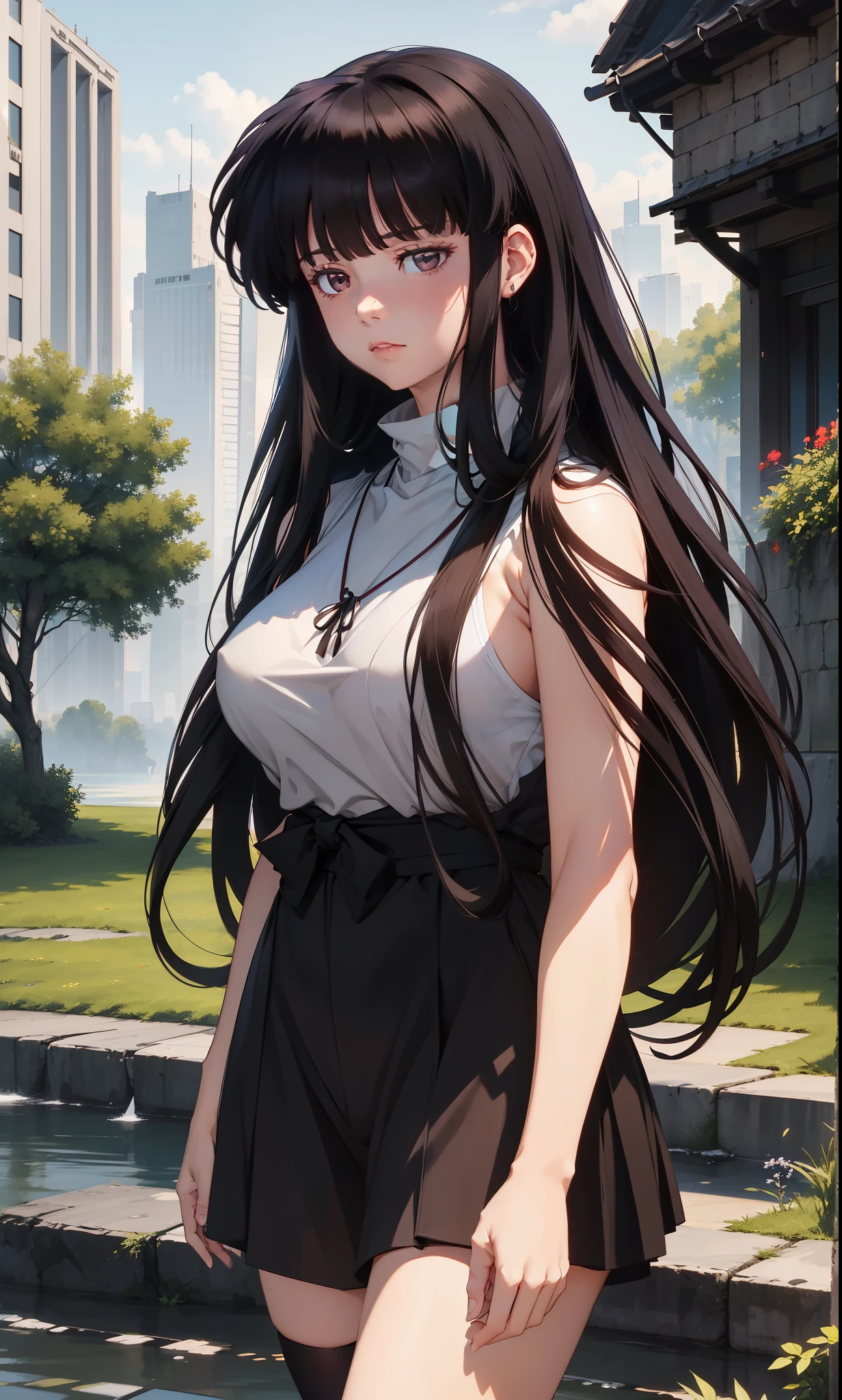 Anime girl with long black hair standing in front of a fountain - SeaArt AI