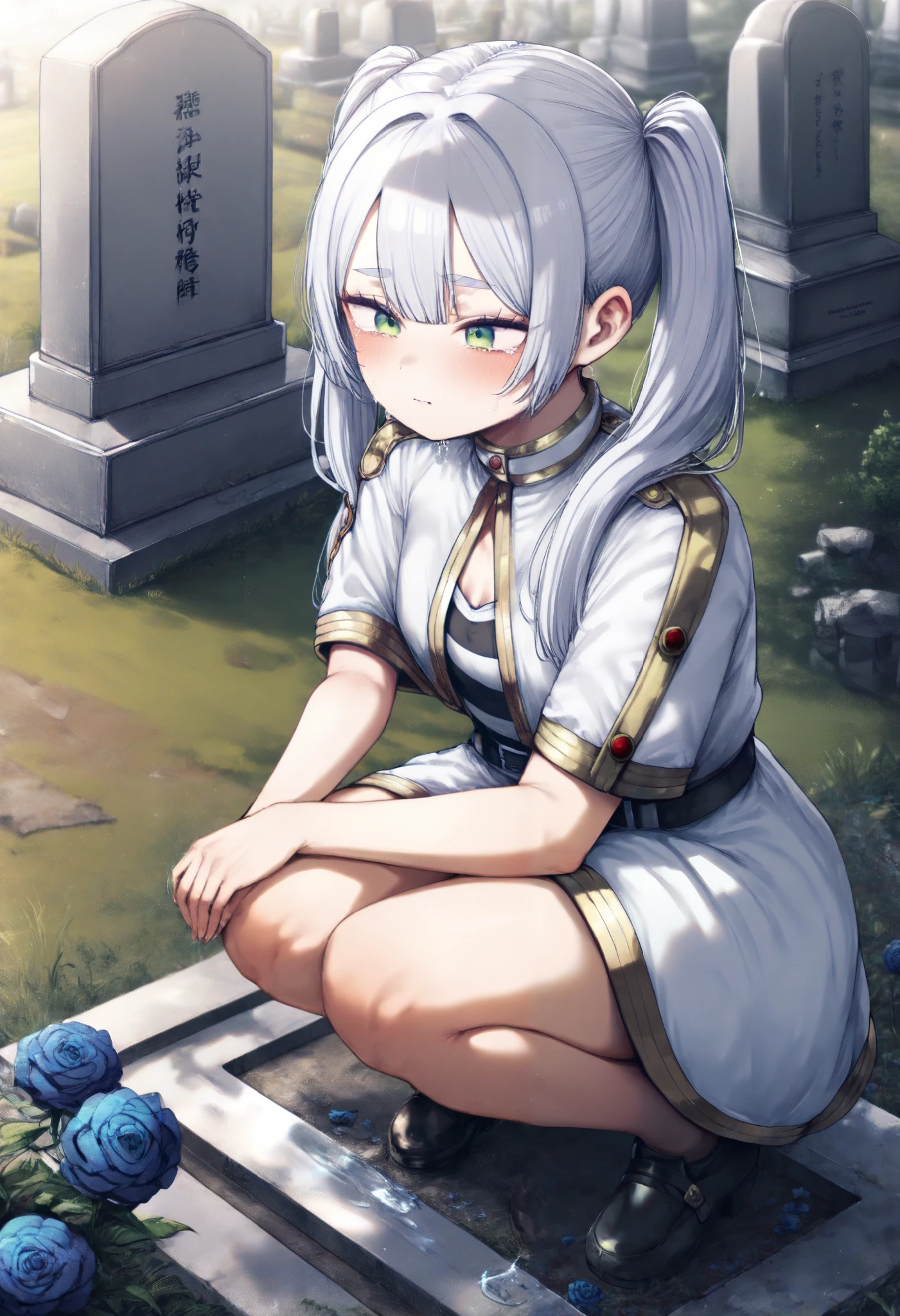 masterpiece, by piaki, best quality, very detailed,
1 girl, Frieren \(Sosou no frieren\), white hair, twintails hair, green eyes, small breasts, fully clothed,
Squatting, crying, putting a blue rose on a grave,
Outdoor, graveyard,
Gravestone, picture on gravestone,
Himmel \(Sosou no frieren\),