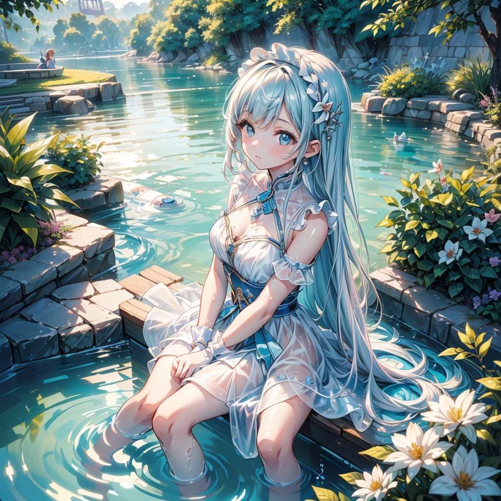 Outrageous resolution、hight resolution、(masterpiece:1.4)、ultra-detailliert、1girl in、Prayer Pose、a tranquil lake、the woods、delighted expression、kindly smile、Face up、Install a magic barrier、Floating hair、spaces、The bikini、floating、 --v 6