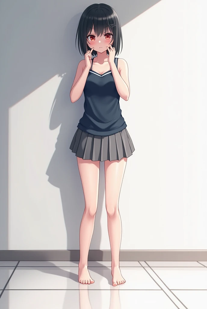 1 girl, Extremely detailed face, largeeyes, Simple dark gray background, beautiful vintage color, (high resolution:1.4),Professional lighting, photon maping, Radio City, Physically-based rendering, Small breasts, NSFW, 
Straight hair, Short hair, bangs, Black eyes, pigtail hair, Hang down your hair, underdressing，Gauze skirt, red framed glasses,
standing, Full-body dynamic angle, bent over,
