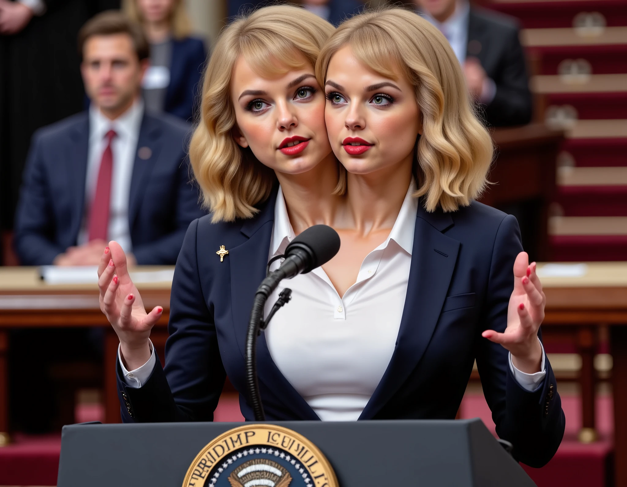 realistic face two headed Taylor Swift with blonde hair and blue eyes a in business suit, us president, very fit, two heads, conjoined twins, white polo shirt, big boobs, speaking at podium, podium with potus seal, inaguration, us capitol, us flag pin on blazer, red fingernails, red lips, late 40s, wavy hair, necklace, black high heels, full body shot, watch