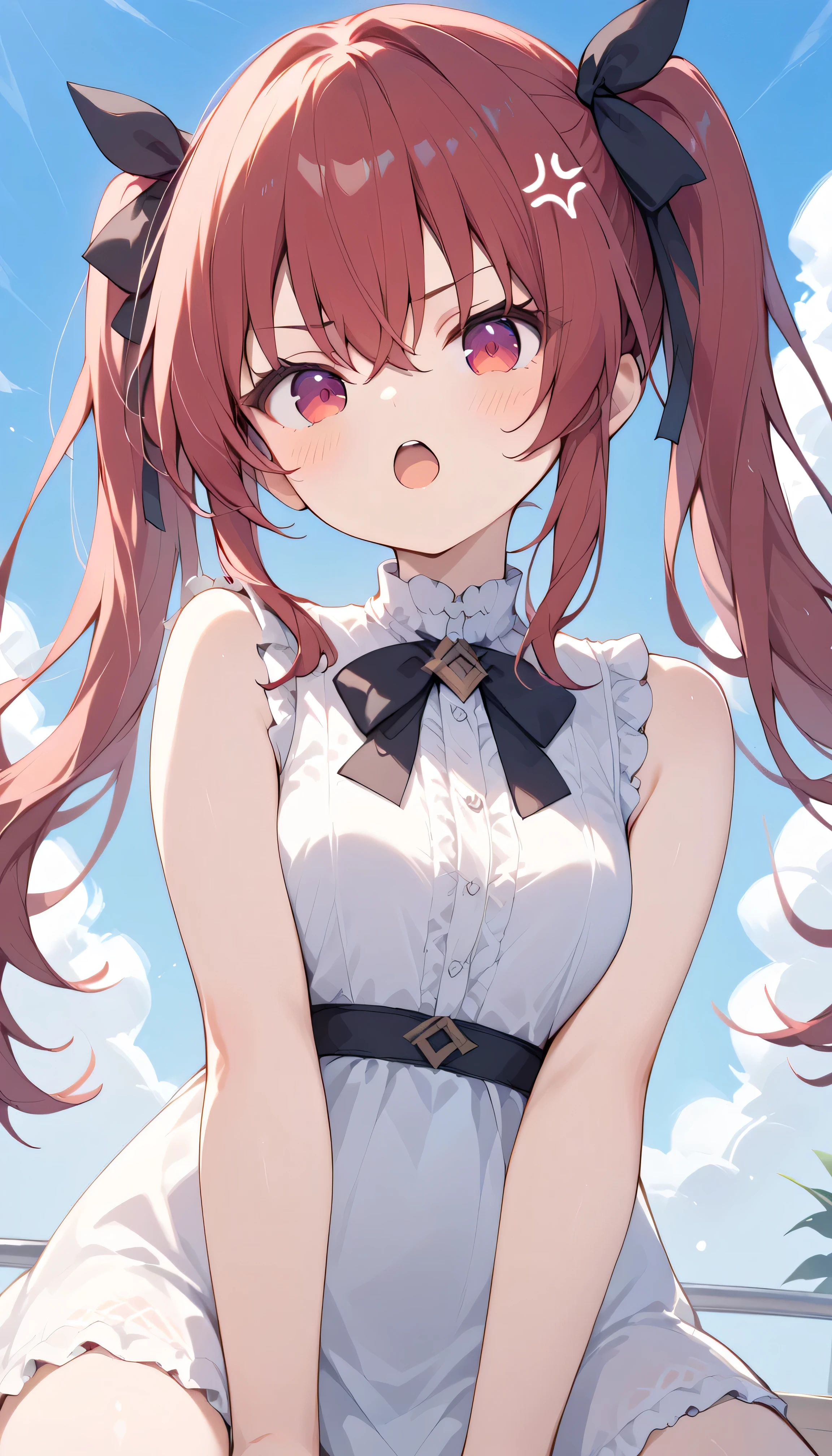 twin tails black ribbon long hair red hair red eyes eyebrows visible from inside hair , hair between eyes, watches viewers, masterpiece, top quality, very aesthetic casual clothes white shirt sleeveless Outdoors downtown Square blue sky face focus anger blush open your mouth
