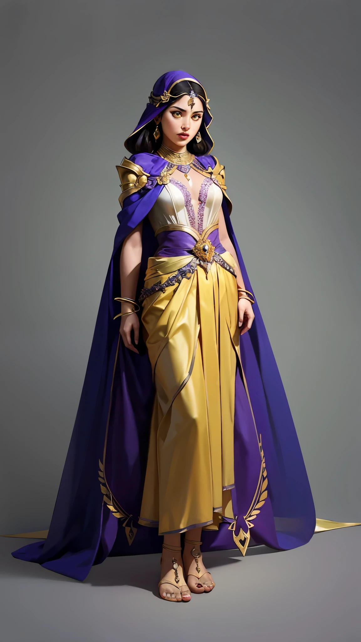 concept art , Hand-drawn painting, Persian Costume, Exotic style , original character design, 1 girl, Alone, jewelry, chest, barefoot, full body, Dark Skin, grey background, Veil, standing, chest元, bracelet, , dark-skinned woman, black hair, brown-haired , skirt, yellow eyes, earrings, gradation where you lie down , short hair, purple skirt, anklet, gradation where you lie down background, Parted lips, simple background, bridal gauntlet coming out the door