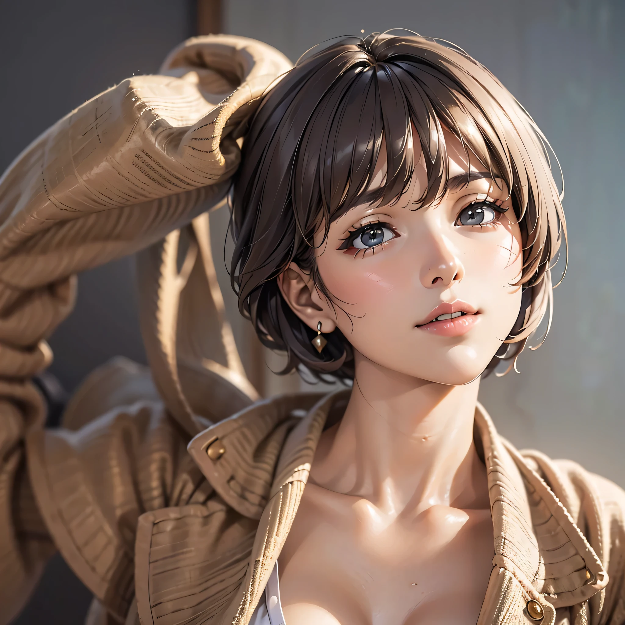 ( table top), sexy、 natural light, realistic diffused light , professional lighting、 I will shine a spotlight ' big eyes、 blue eyes、 blond、 russian 、smile、