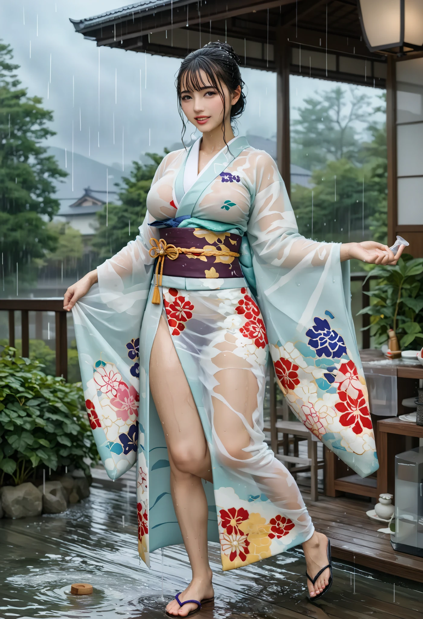 最 high quality 、  high quality 、 最 high resolution、  high resolution、8K quality、  HD 、 最 high quality、  Masterpiece 、  Immersive Footage  、 非常に realistic images 、  realistic images 、  perfect detail 、  high contrast 、High fidelity、  perfect photo 、Close to reality、  Images reproduced in detail down to the smallest detail 、Detailed and realistic human body、Detailed and realistic human skin、 Detailed and realistic face、Detailed and realistic eyes、 Realistic lips drawn in detail 、 detailed and realistic teeth、Realistic ears、 Realistic hair 、(( Japanese model))､(( adult woman))、((Mature Woman))、((Adult face))、(( black hair))、((Big Breasts))、(( slim, perfectly mature body ))、((Full body glossy skin))､((Traditional Japanese Garden))、((Rain clouds spreading across the sky))、((Heavy rain weather))､(( downpour))、((Stormy wind and rain))、((( see through. floral kimono)))、(((Transparent Vinyl. floral kimono)))､((( downpourの中でアウトドア( beautiful posture)))、(((Drenched and wet skin all over )))、((Rain dripping from wet kimono ))、((( I can clearly see her skin from under her wet kimono)))､((( raise one leg. sexy pose )))､(( subject close-up))
