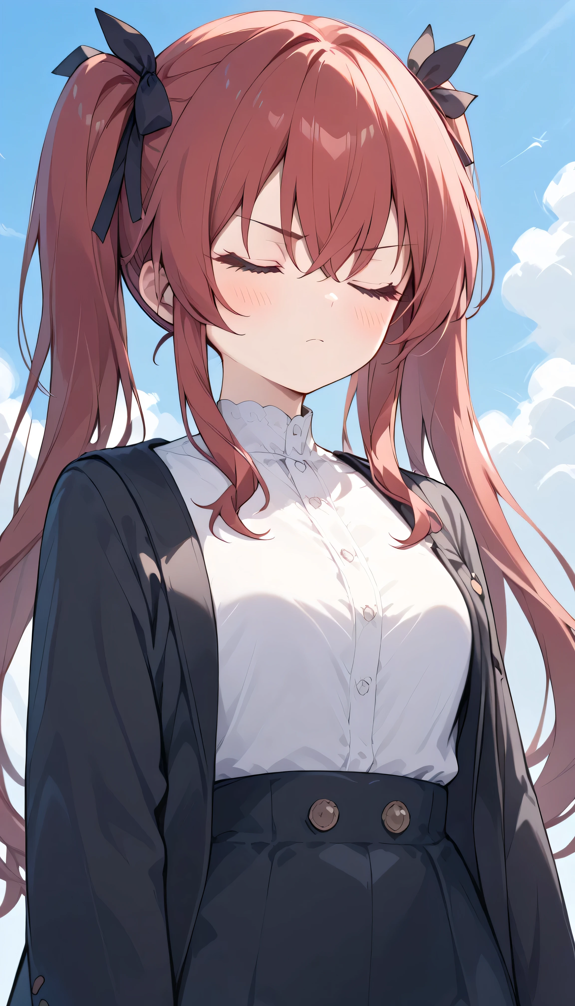 twin tails black ribbon long hair red hair closed eyes eyebrows visible from inside hair , hair between eyes, masterpiece, top quality, very aesthetic casual clothes white shirt black jacket Outdoors downtown Square blue sky face focus anger blush looking away looking to the side look to the side