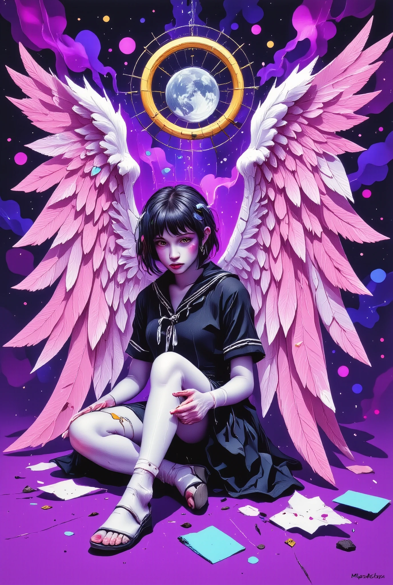 Black Hair,short hair,black eye,Angel's wing,Black clothes,Gender unknown,Expressionless,The lines are a little rough, best quality, masterpiece, 748cmstyle, A high school girl in a Japanese sailor uniform sitting like "The Thinker," facing left. (She has massive angel wings made of pink plastic garbage bags 1:0 ), dragging across the ground to the right. The wings are tattered and wrinkled, creating a somber and melancholic mood., feet out of frame, kneehighs, feathered wings, ear piercing, knees up, no mouth, english text, bandaid on knee, colored inner hair, head tilt, bandages, empty eyes, sidelocks, purple background, Vaporwave art, Vaporwave Aesthetic, by Miki Asai, neon, ral-glydch, vhs glitch, panoramic, Ultra high saturation, (best quality, masterpiece, Representative work, official art, Professional, 8k)
INFO