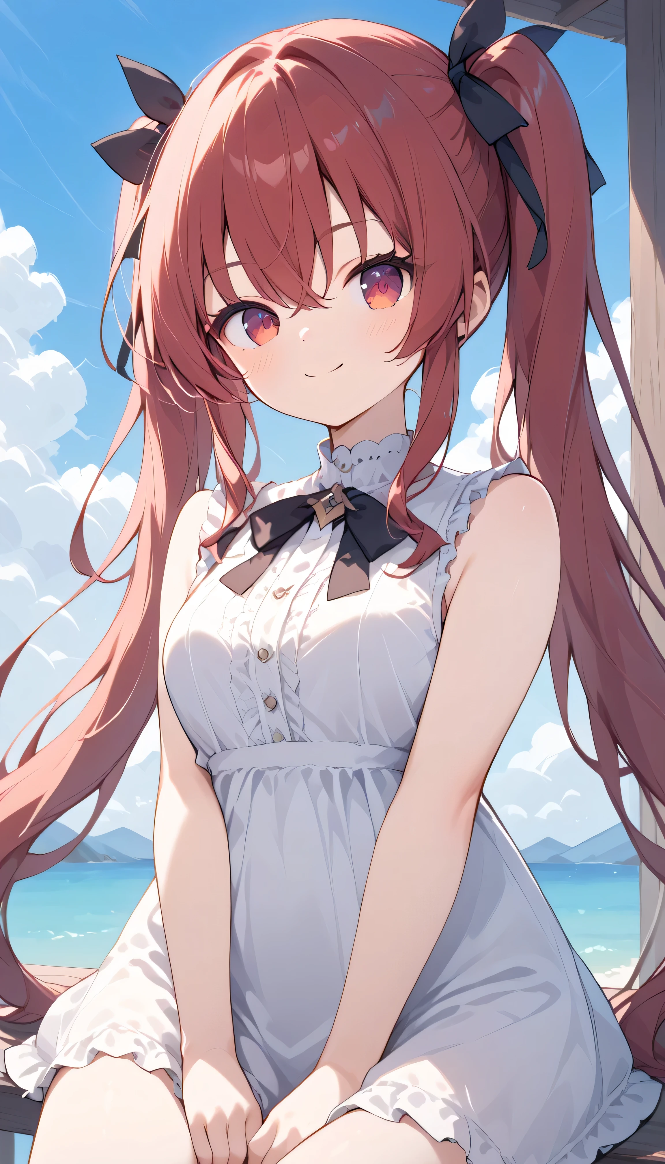 twin tails black ribbon long hair red hair red eyes eyebrows visible from inside hair , hair between eyes, watches viewers, masterpiece, top quality, very aesthetic casual clothes white shirt sleeveless Outdoors downtown Square blue sky face focus blush smile