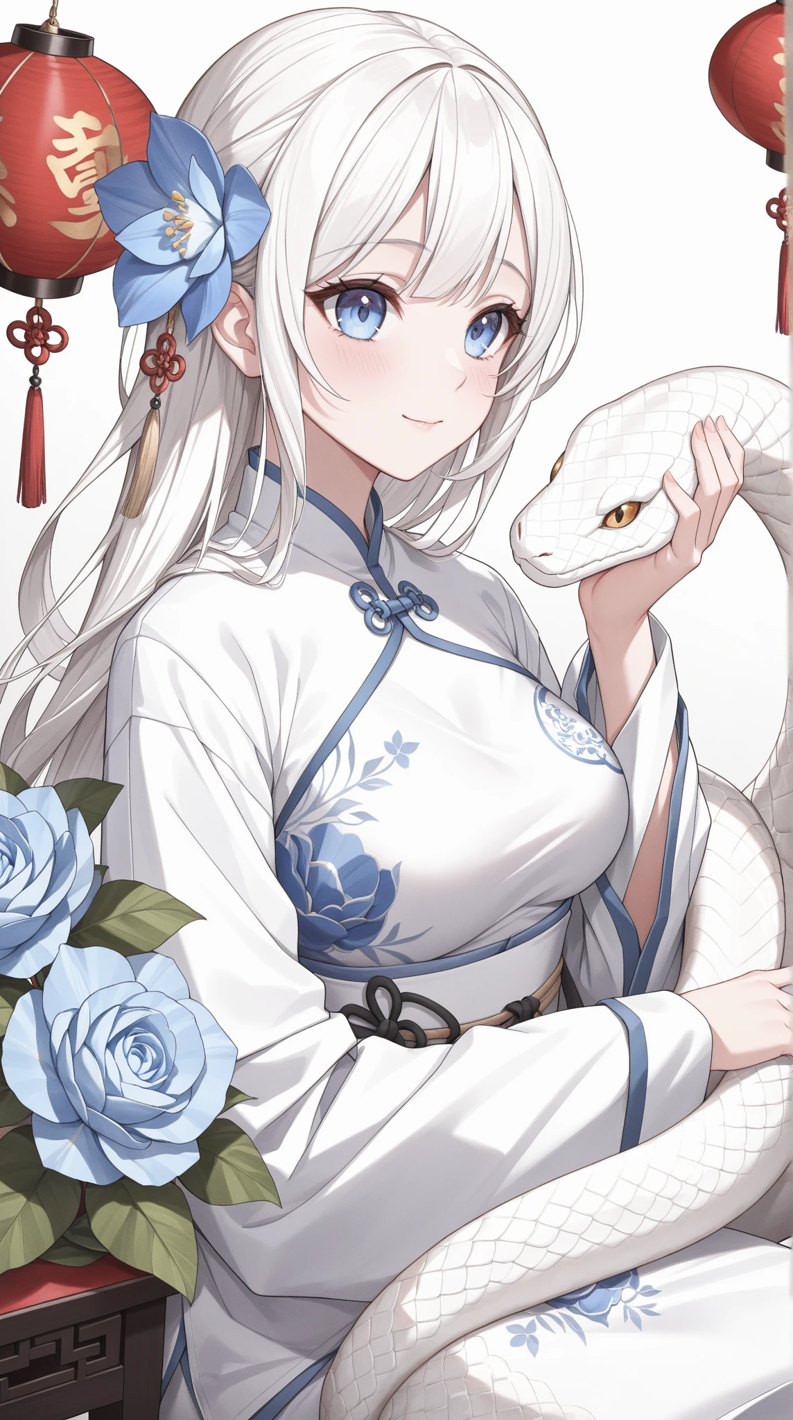 solo, a girl wearing a white choeongsam, petting a white snake, blue flower in background, Chinese theme, absurdres, masterpiece, best quality, UHD
