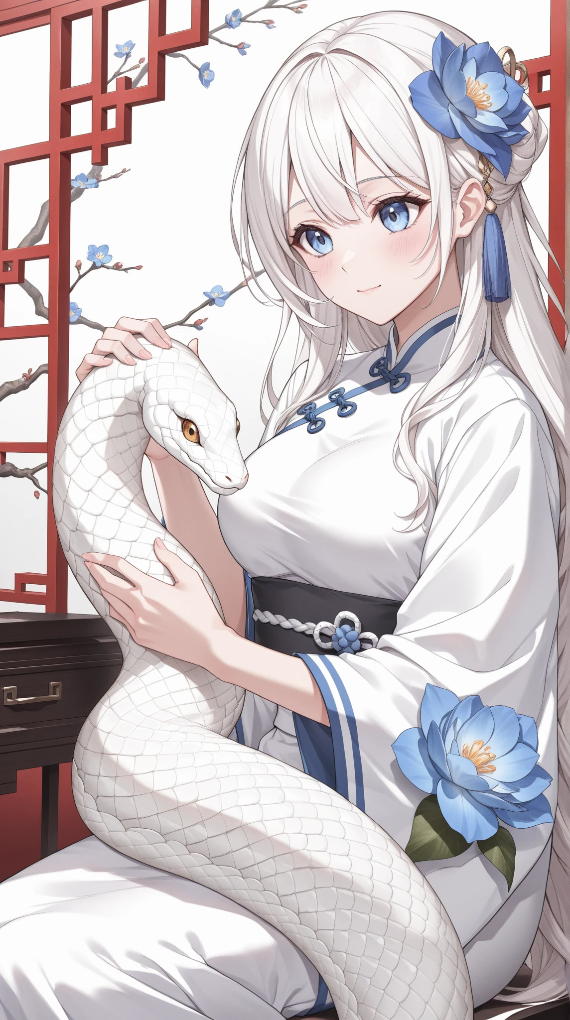 solo, a girl wearing a white choeongsam, petting a white snake, blue flower in background, Chinese theme, absurdres, masterpiece, best quality, UHD