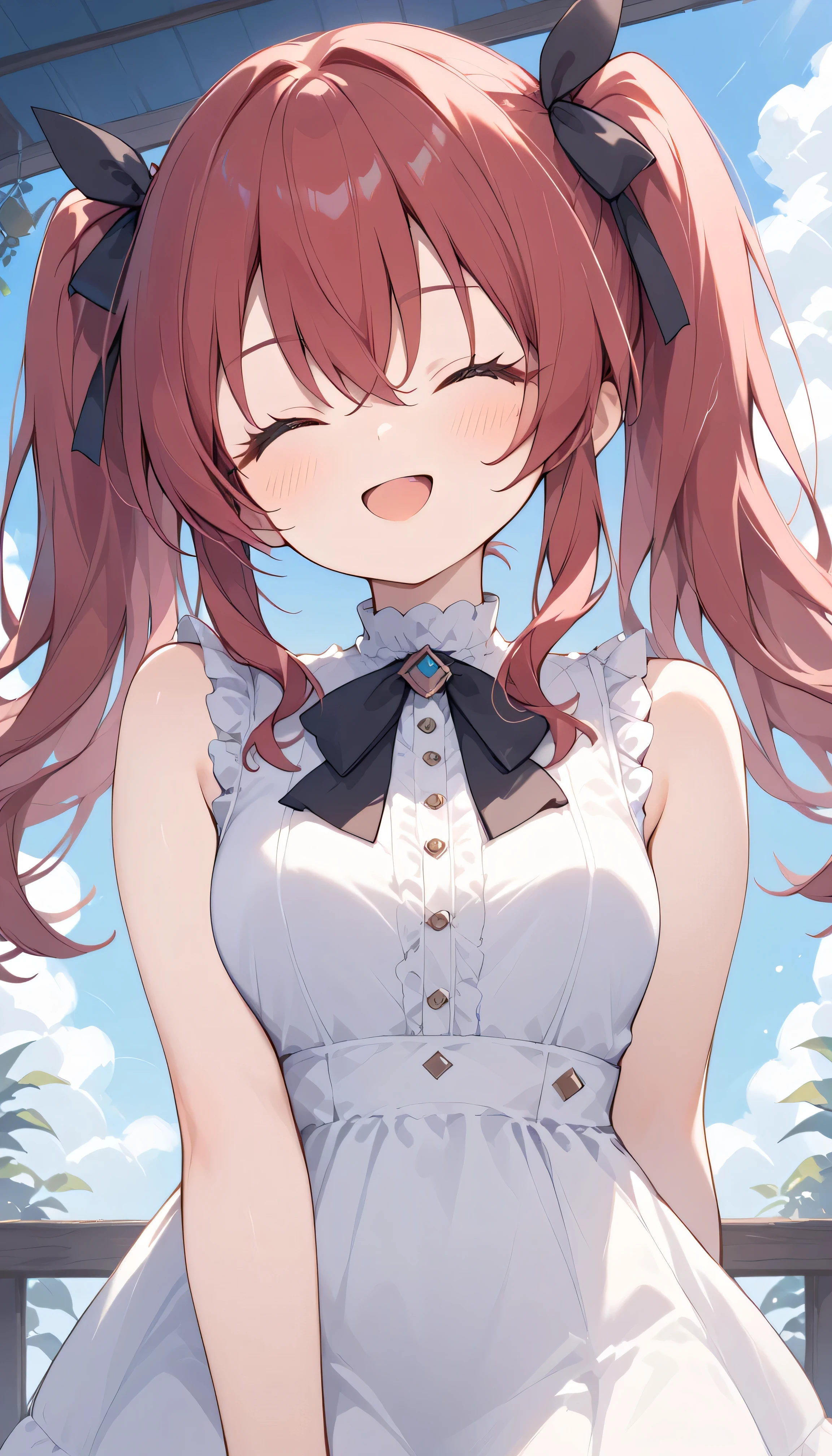 twin tails black ribbon long hair red hair closed eyes eyebrows visible from inside hair , hair between eyes, watches viewers, masterpiece, top quality, very aesthetic casual clothes white shirt sleeveless Outdoors downtown Square blue sky face focus smile blush open your mouth