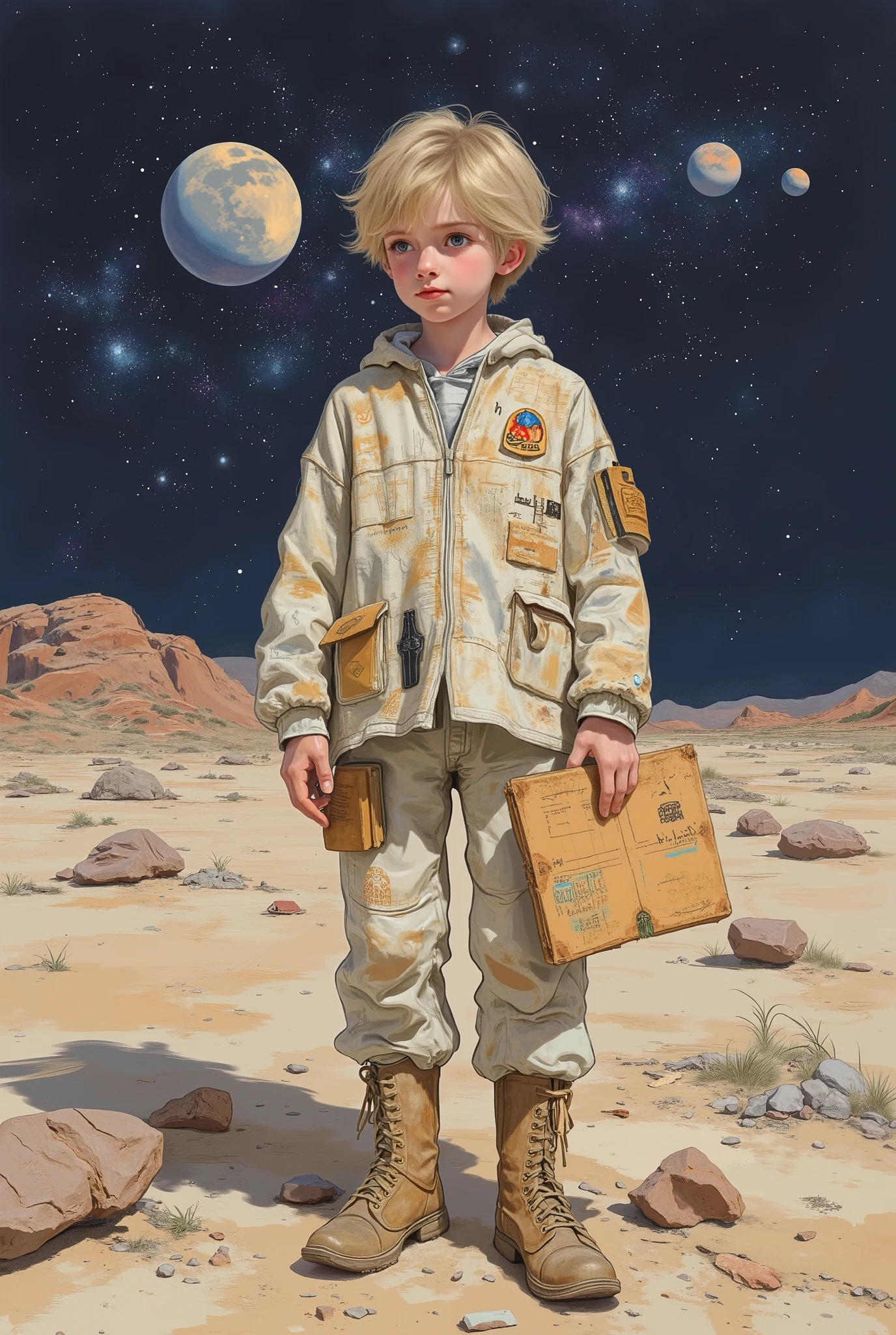 A boy with an attentive eye , as if he were deciphering the mysteries of the universe . messy blond hair , simple clothes with subtle details of cultures and symbols studied in your readings. He carries a sketched notebook , full of theories , maps and diagrams of places he hasn't visited . His expression is calm and observant , contrasting with his tireless mind . He wears sturdy boots , suitable for unexplored terrain . In the background, an inhospitable planet with a night sky full of stars and a giant moon , in Star Wars style . digital painting style with watercolor textures and worn traces , earthy color palette with metallic details and touches of blue and purple in the sky . Focus on the boy in the foreground , with a slightly blurred background to create depth
