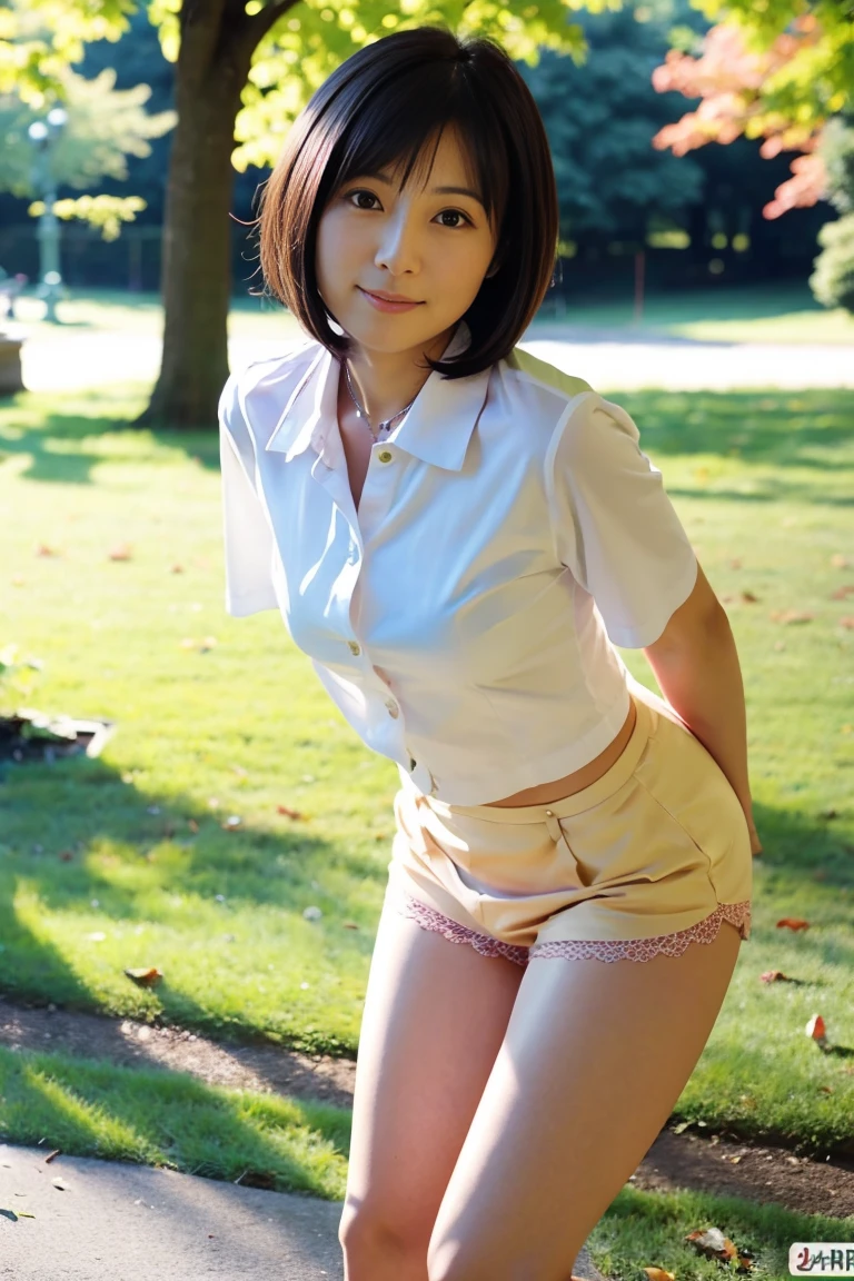 18Year old girl、A uniform skirt fluttering in the wind、Beautiful feet、cloud、((Thighs, thighs, thighs))、Big ample breasts、smile、White shirt、Wide open chest、(Butt)、short hair、 information