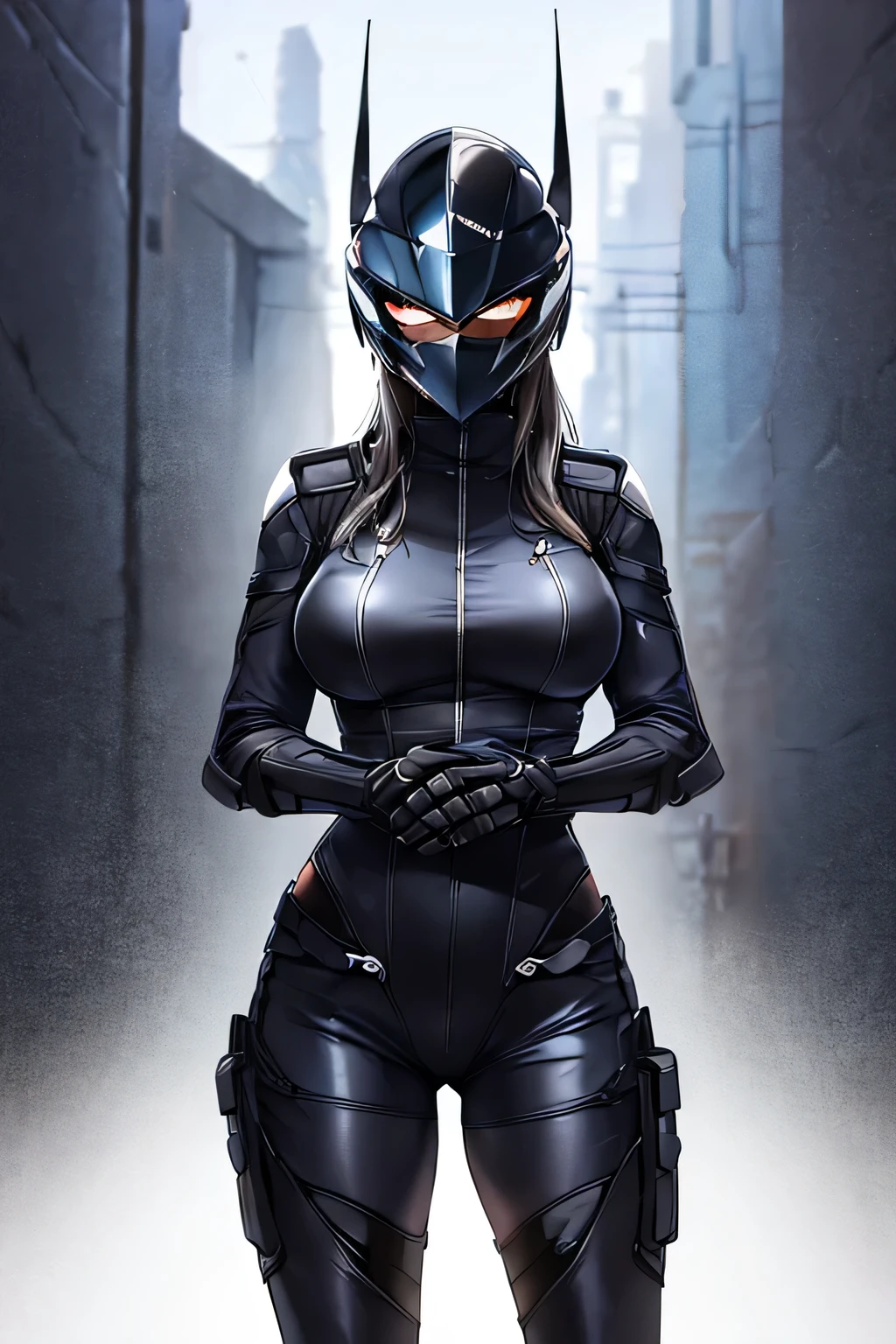 A highly detailed portrait of a female vigilante clad in a sleek black bodysuit that tightly hugs her muscular physique, emphasizing her strength. Her face is completely hidden behind a full-face helmet with a mirrored visor, reflecting the dim neon lights of the city. Her gloved hands are clenched into fists, and faint scars are visible on her exposed neck. The background is a dark alleyway with graffiti-covered walls and faint mist rising from the ground, exuding an atmosphere of danger and menace. Ultra-realistic textures, cinematic lighting, 4K resolution.