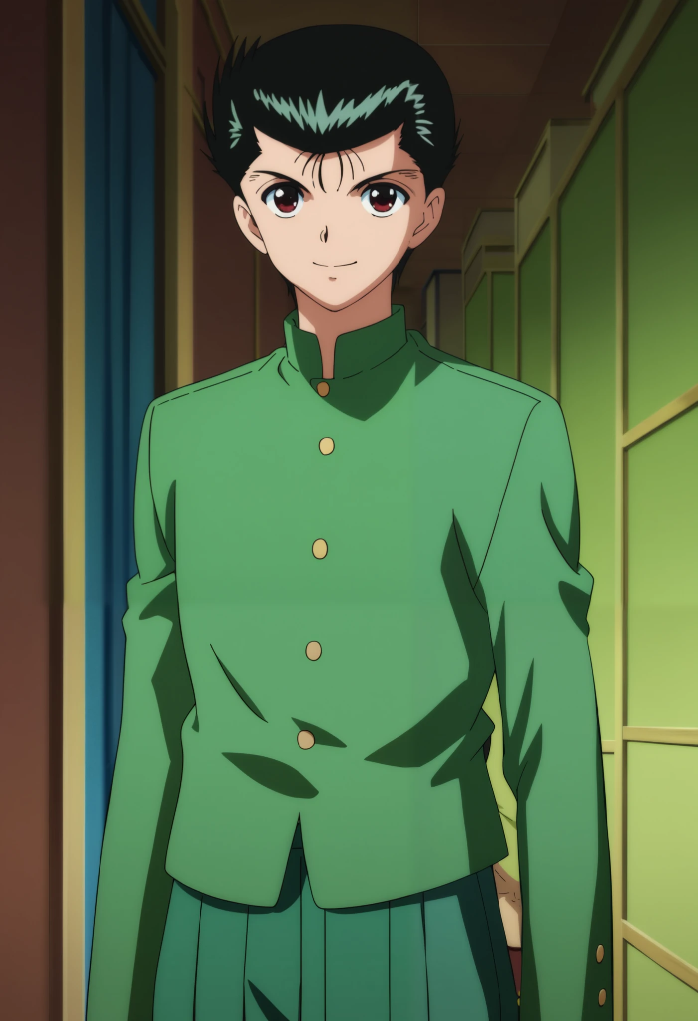 score_9, score_8_up, score_7_up, score_6_up, masterpiece, best quality, amazing quality, best aesthetic, absurdres, intricate details, official style, look at viewer, smile, yusuke_urameshi_ep, black hair, brown eyes, (1boy), upperbody, ((no back ground)), (wearing green Japanese school uniform, green Gakunan, closed buttons),