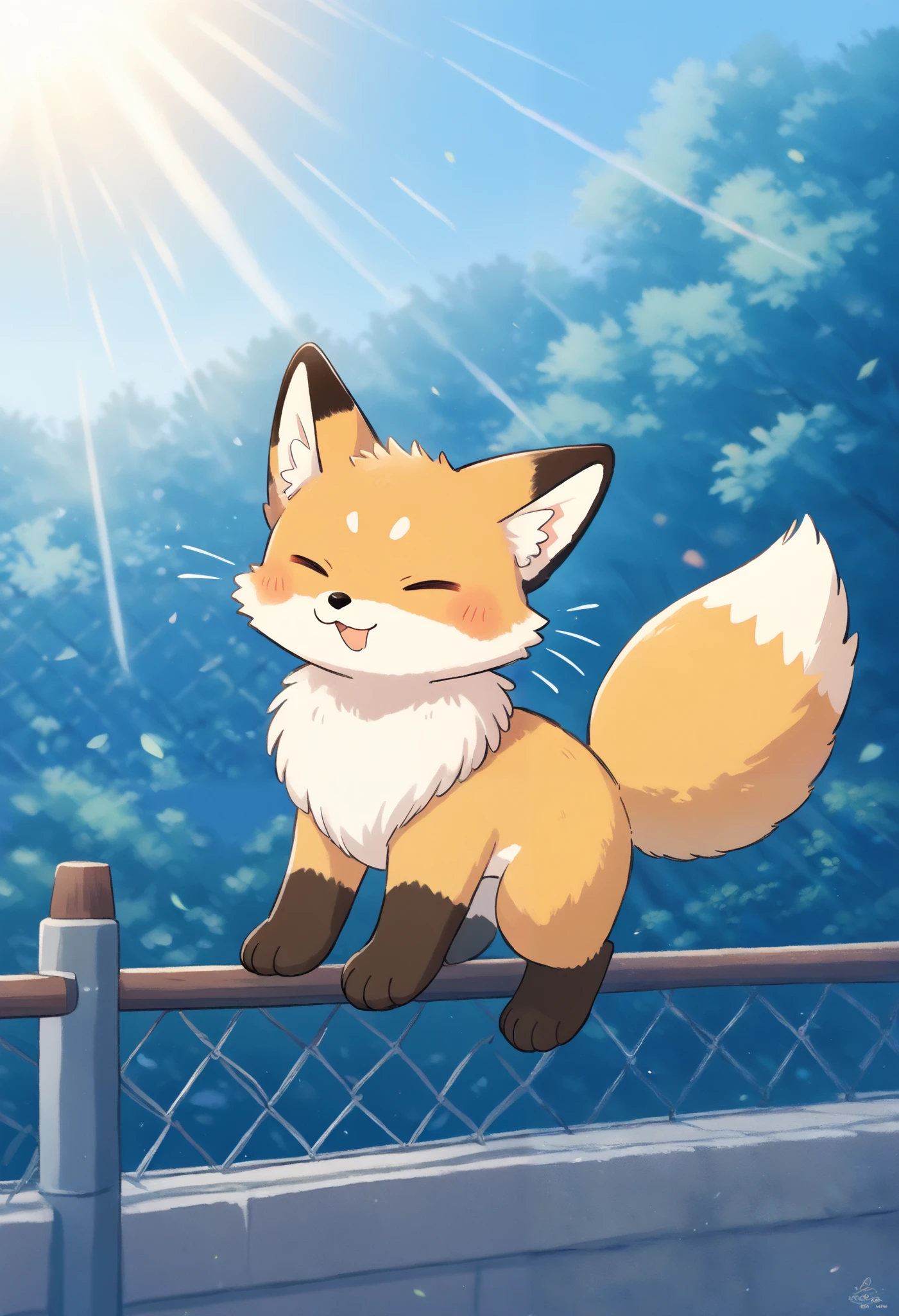 (masterpiece, best quality, high quality, highres), very awa, highres, absurdres,
(fuamusea:0.8), makoto shinkai, chii-kun \(seedyoulater\), (naguru \(cyoroama\):0.8),
(fox:1.2), (no humans:1.1), paws, fur, (cute:1.2), comfy, solo,
surprised, silly, OO,
climbing fence, day, sunlight, sun rays, beautiful background,