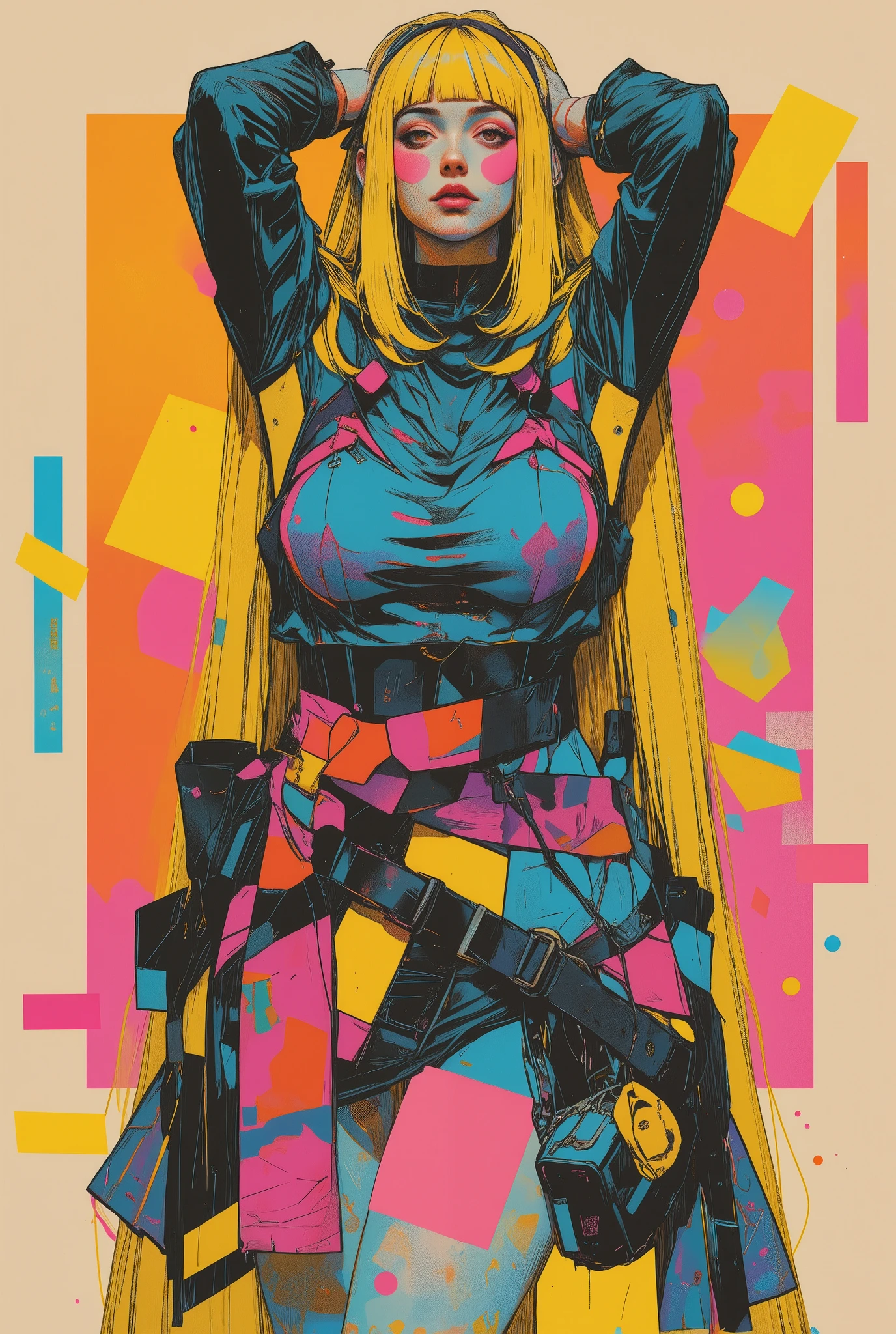 best quality, illustrator,anime, One girl、Excellent anatomy, masterpiece, Highest quality,Long yellow Hair、Straight Hair、bangs、high school girl、Slender、Slender body、asian high school girl, big breasts, cleavage, edgy graffiti graphic design with a neon pink, orange, and yellow colored palette, big orange eyes, ulzzang, (anime), manga, sexy, Highest quality, masterpiece, Sharp focus, (yellow hair), orange eyes, ((shiny skin)), standing, style retro classic, noir dark, (background of orange, yellow, and pink gradation)