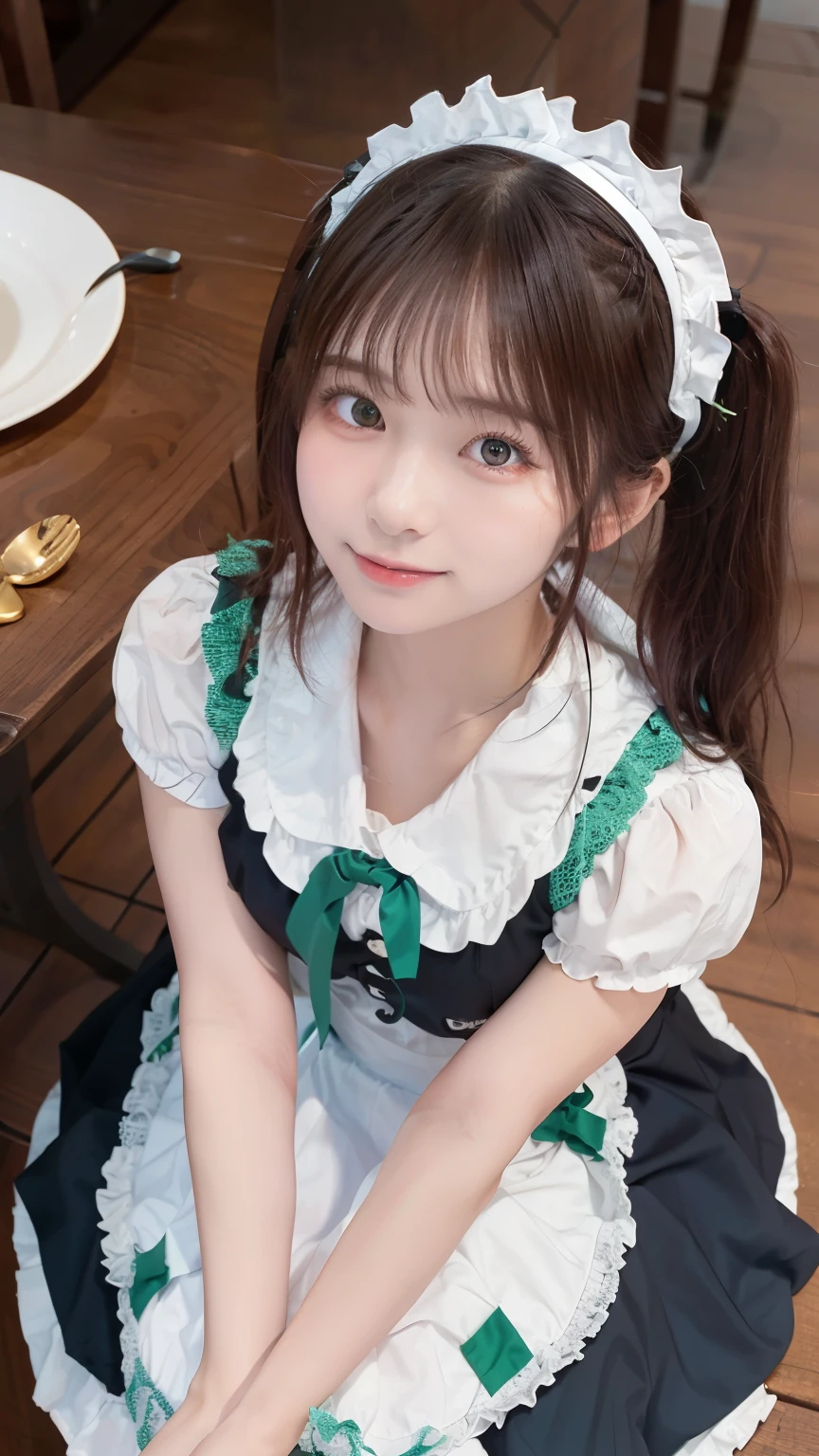 table top, top quality, shape, 非常に Detailsな, Details, high resolution, 8k wallpaper, perfect dynamic composition, ((close:1.3, from above, And viewers )), beautiful details , (Wearing a cotton maid outfit, , Cute ruffled girl dress , A maid headband with a gentle smile , The base color is white 、black、green), twin tails
