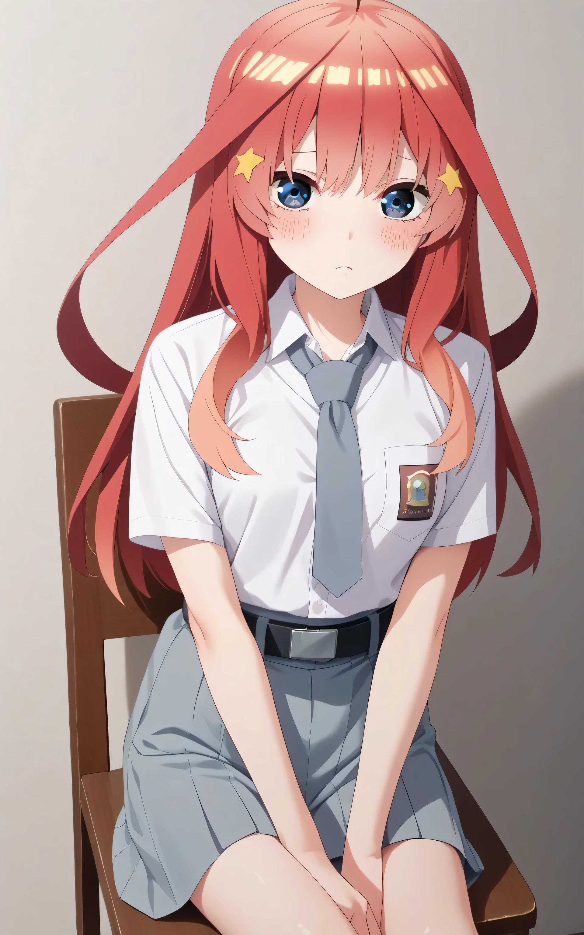 upper body, Itsuki nakano, anime style, Random Sexy pose , ((Ultra detailing)), (very aesthetic, best quality, ultra detailed), intricate details,
1girl, Long hair, blue eyes,((Detailed eyes)), ((Beautifull eyes)), ((prefect eyes)), sharp jawline, long hair, shy, Blush ,Wearing sma shirt, Gray tie, Gray Skirt, Belt ini, sit down on chair in class room,
