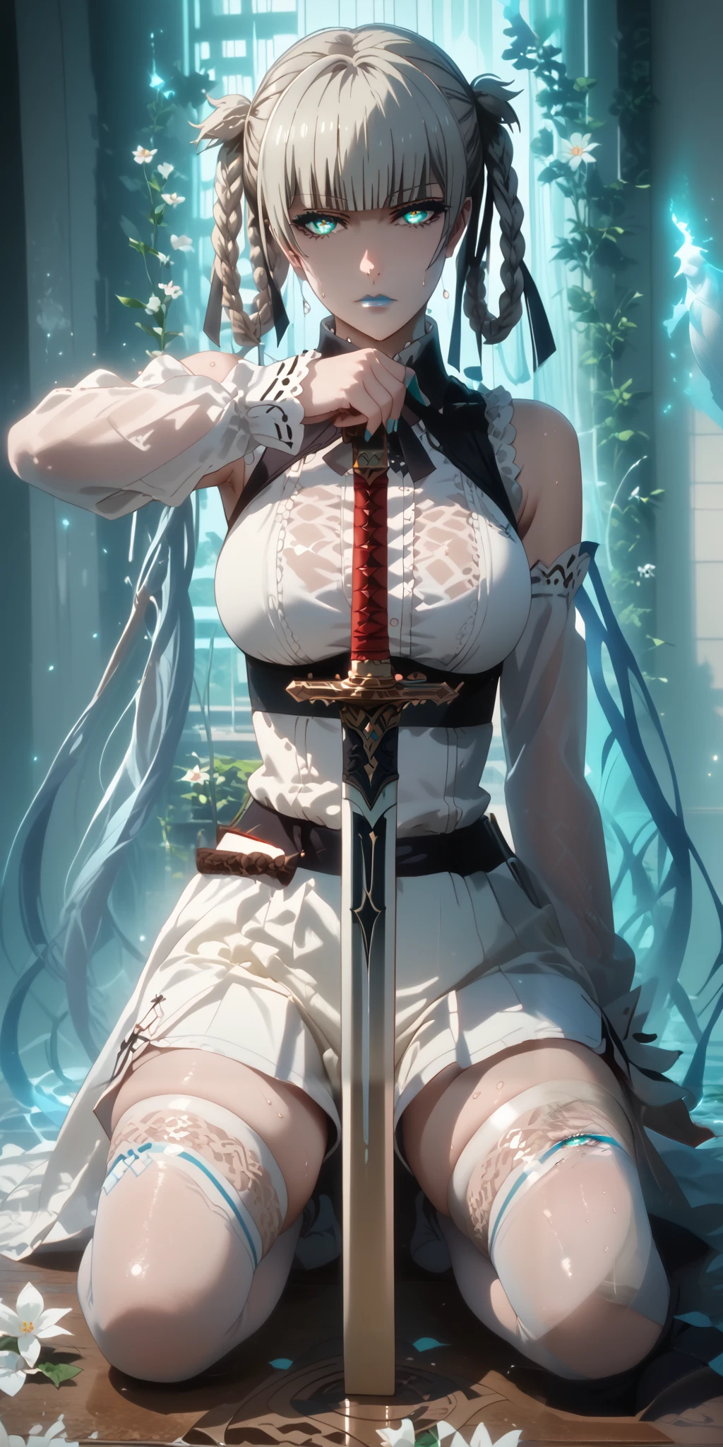 GotExpressCinematic, score_9, score_8_up, score_7_up, score_6_up, uncensored, Kirari, braid, makeup, twin braids, blunt bangs, aqua nails, aqua eyes, blue lips, hair ribbon, grey hair, nail polish, shaded face, large breasts, bright pupils, anime coloring, anime screencap, (voluptuous:1.3), (thick:1.3), BREAK UHD, retina, masterpiece, accurate, anatomically correct, textured skin, super detail, high details, high quality, award winning, best quality, highres, 4K, excessive sweating, sweating, sweating drop, (gasping, heavy breathing:1.3), (skindentation:1.2), perfect eyes, beautiful eyes, eyelashes, makeup, detailed body, perfect body, BREAK, 1girl, solo, weapon, thighhighs, sword, white_thighhighs, planted, planted_sword, kneeling, closed_mouth, flower, holding, facing_viewer, holding_weapon, glowing, white shirt, sleeveless, dolphin shorts, short shorts, pink shorts, (aura:1.4)