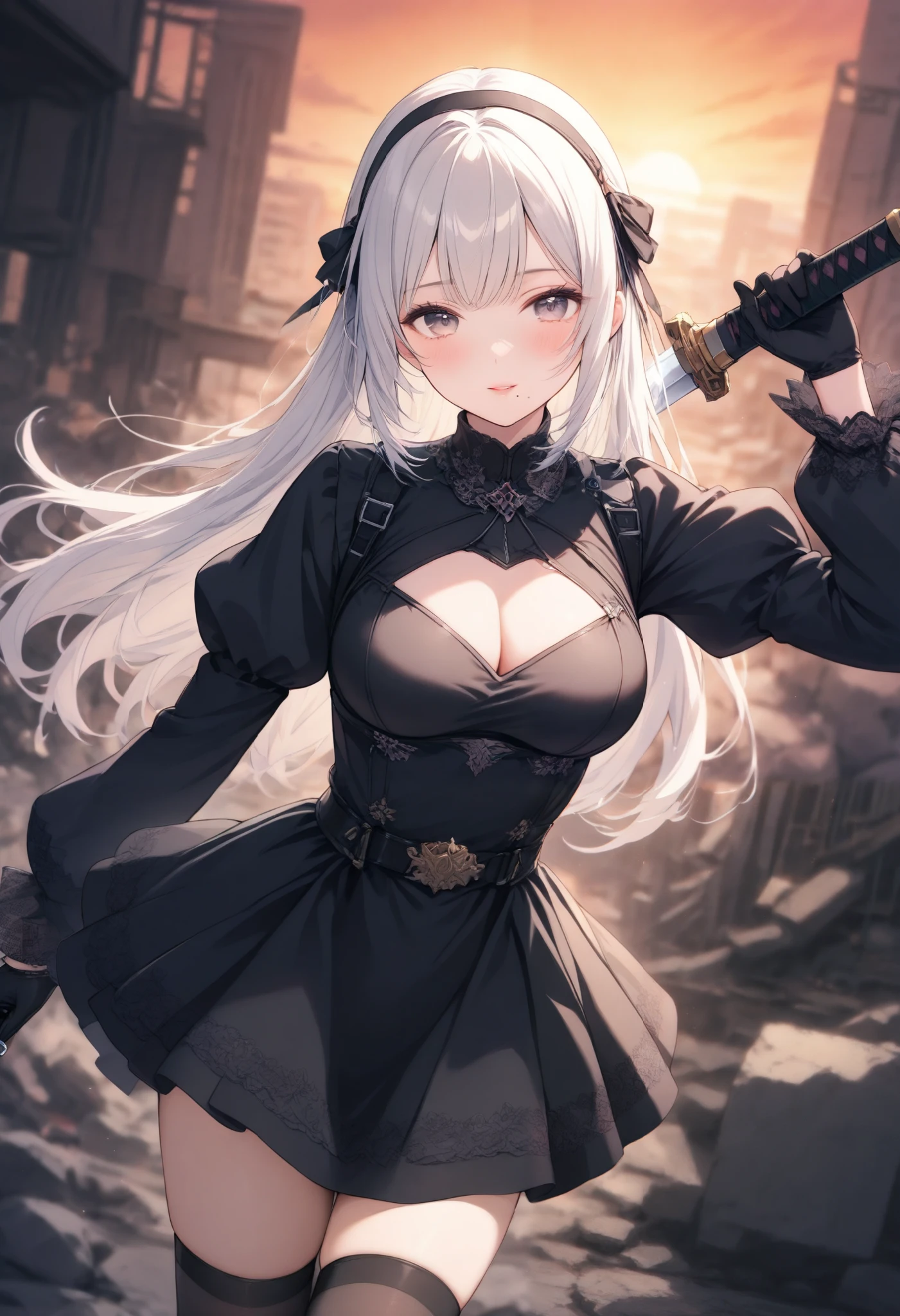 Cowboy Shot, yorha no. 2 type b, short white hair, adult, cute, seductive, innocent, light smile:0.3, total black dress, hairband, black gloves, clothing cutout, cleavage cutout, black puffy sleeves, black long sleeves, black hairband, black feather-trimmed sleeves, juliet sleeves, mole under mouth, arm up unsheathing sword, black thighhighs, turtleneck, sunset, rubble in the background, depth of field, dynamic angle, fashion photography, sharp, hyperdetailed:1.15, 4n1v3rs3