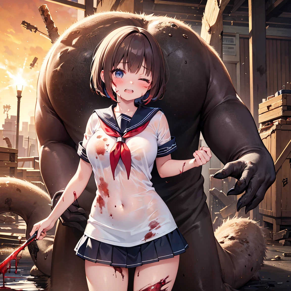 masterpiece, best quality,anime style, 1 girl,(((slender body))), (((small breast))),(((hot pants, white tanktop,red tie))),(((((a gorilla man grabbing the girl))))), ((((restrained, arms behind back)))),((((cum)))), (beautiful face), (((medium hair))), (((straight hair))), ((((black hair)))),detailed beautiful skin, (perfect hands, perfect anatomy)