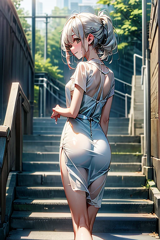 Best Quality, Masterpiece, Ultra High Resolution, Ultra Realistic, Very Detailed, (18 Years Old: 1.3), Sexy, Beautiful, Bare Back, Long Legs, High Heels, (Masterpiece:1.3), (8K, photorealistic, RAW photo, Best quality: 1.4), (1girl), Beautiful face, (Realistic face), (Black hair, short hair:1.3), (clear focus: 1.5) beautiful hairstyle, realistic eyes, beautiful detailed eyes, golden ratio, (super factory__advanced-sci-fi-locations__:1.3), (__advanced-white-short skirt-II__:1.3), (beautiful eyes: 1.3), (ultra-detailed face: 1.2), (detailed facial features: 1.1), (pale skin: 1.6), (slim body: 1.4), (small breasts: 1.3), golden ratio figure