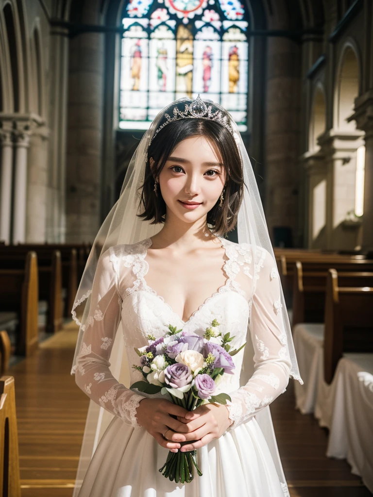 (kawaii face), (flat chest:1.2), happy smile, makeup, (Beautiful frills and lace cute wedding dress, bare shoulders:1.3), (tiaras, necklaces, earrings), Ultra High Definition, Superior Quality, Premier Quality, ultra detailed, Photorealistic, 8k, RAW Photos, highest quality, masterpiece, professional photography, Realistic portrait, Beautiful detailed, Close up portrait of girl, (chapel, stained glass), bouquet, flower decoration, beautiful bride pictures, (Fine face:1.2),