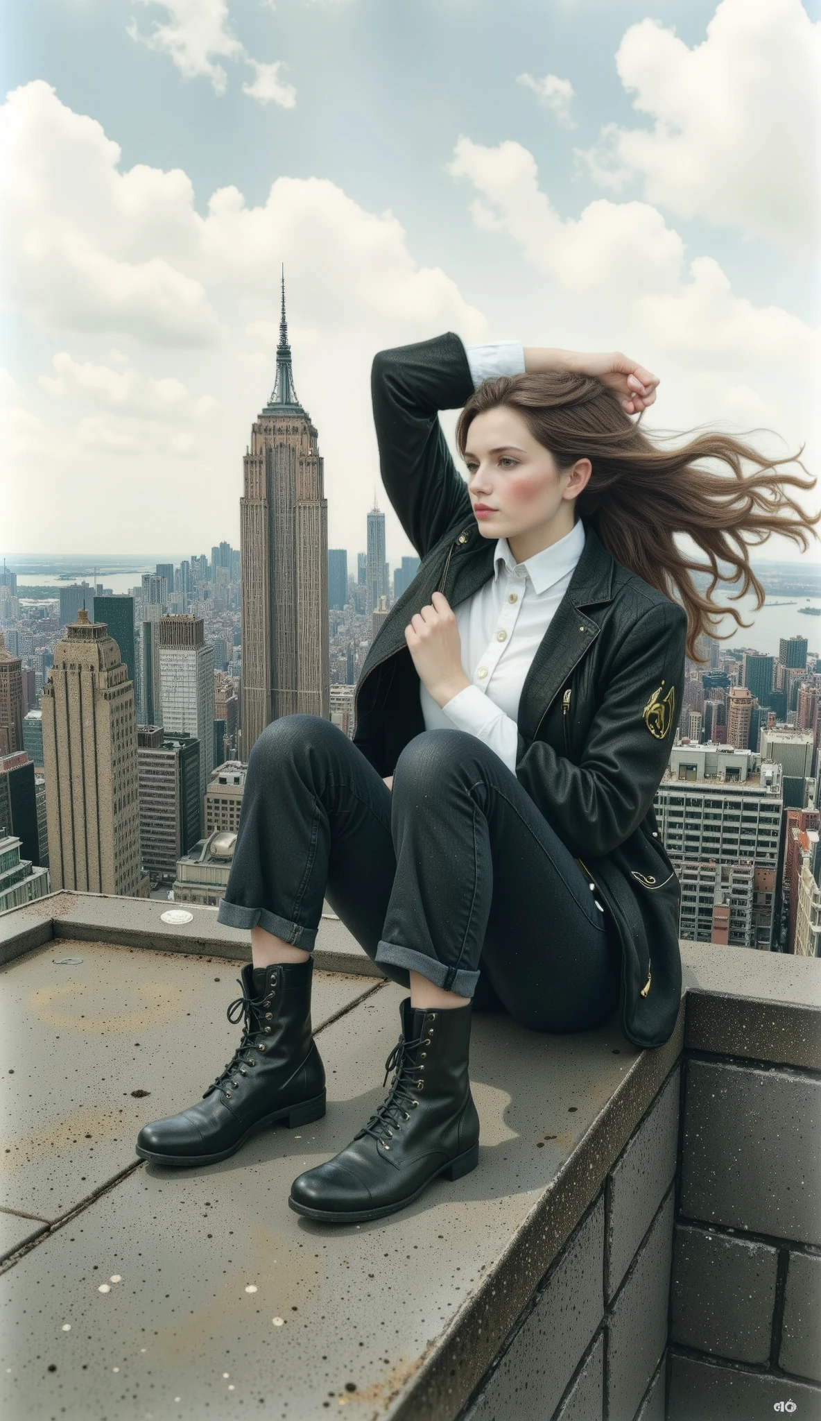 a woman sitting on a ledge with her feet up and a building in the background, hair flying in the wind , A photograph of Emma Andijewska , In Trend In Pexels , Photorealism , a girl sitting on a roof , standing on the roof , standing on the roof , sits on a roof , Sitting on the roof of a skyscraper , standing on the roof de un rascacielos, editorial photograph , Photo shoot