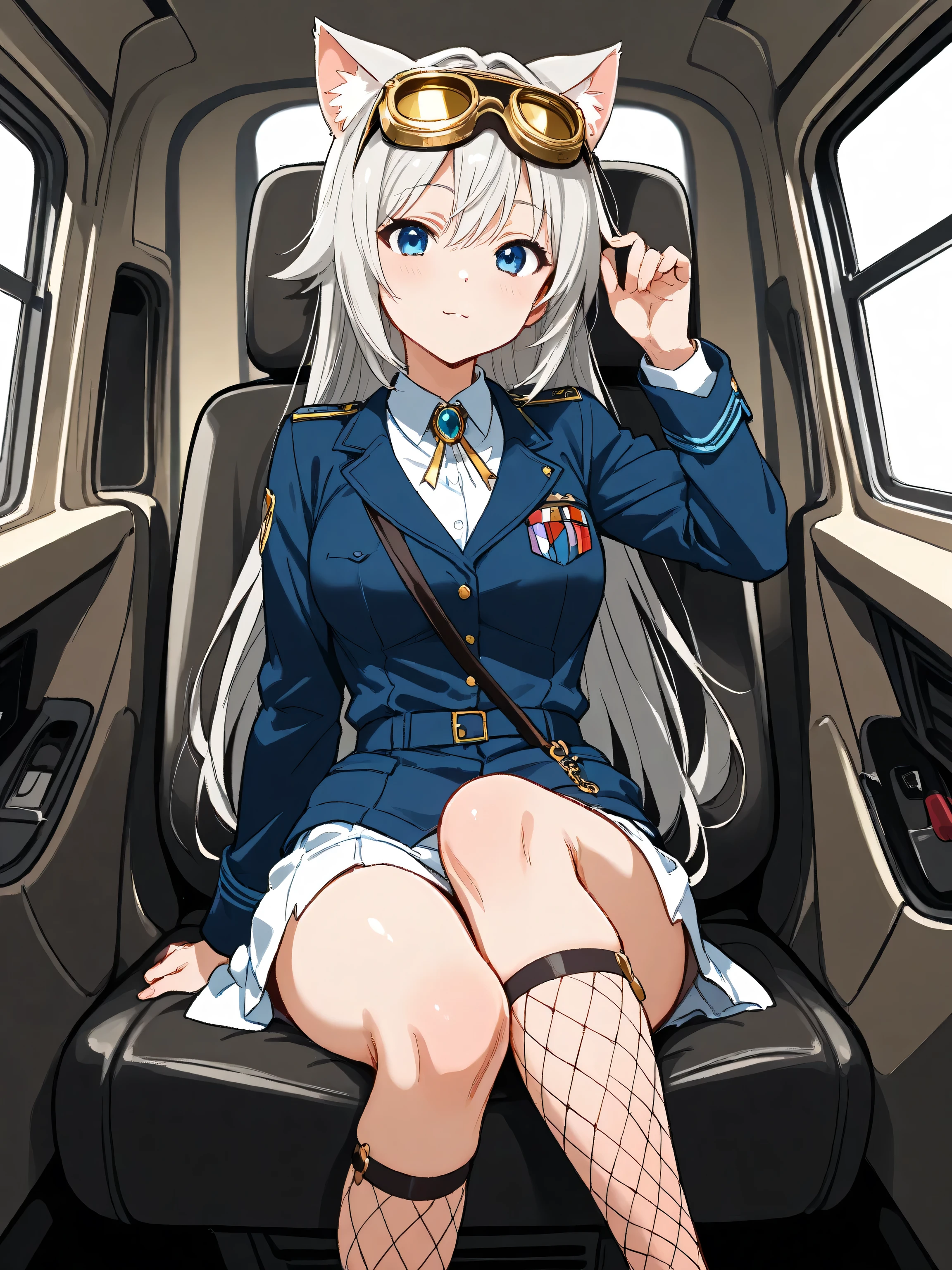 in the seat , Cat girl 、(Cat ears、 women in the world always wear goggles and cat ears), ( I wear luxury gold goggles on my head ), Greatest Masterpiece in History ,dynamic, dynamic movement and production , The theme is very beautiful light blue 、 Blue military uniform、 white miniskirt、 fishnet、 diamond、gem、I'm good at it lol 、Arrogant、Strong、 誇り高きArrogant、 Blue Neon 、 silver hair 、 blue eyes、 sexy、Beautiful looks、