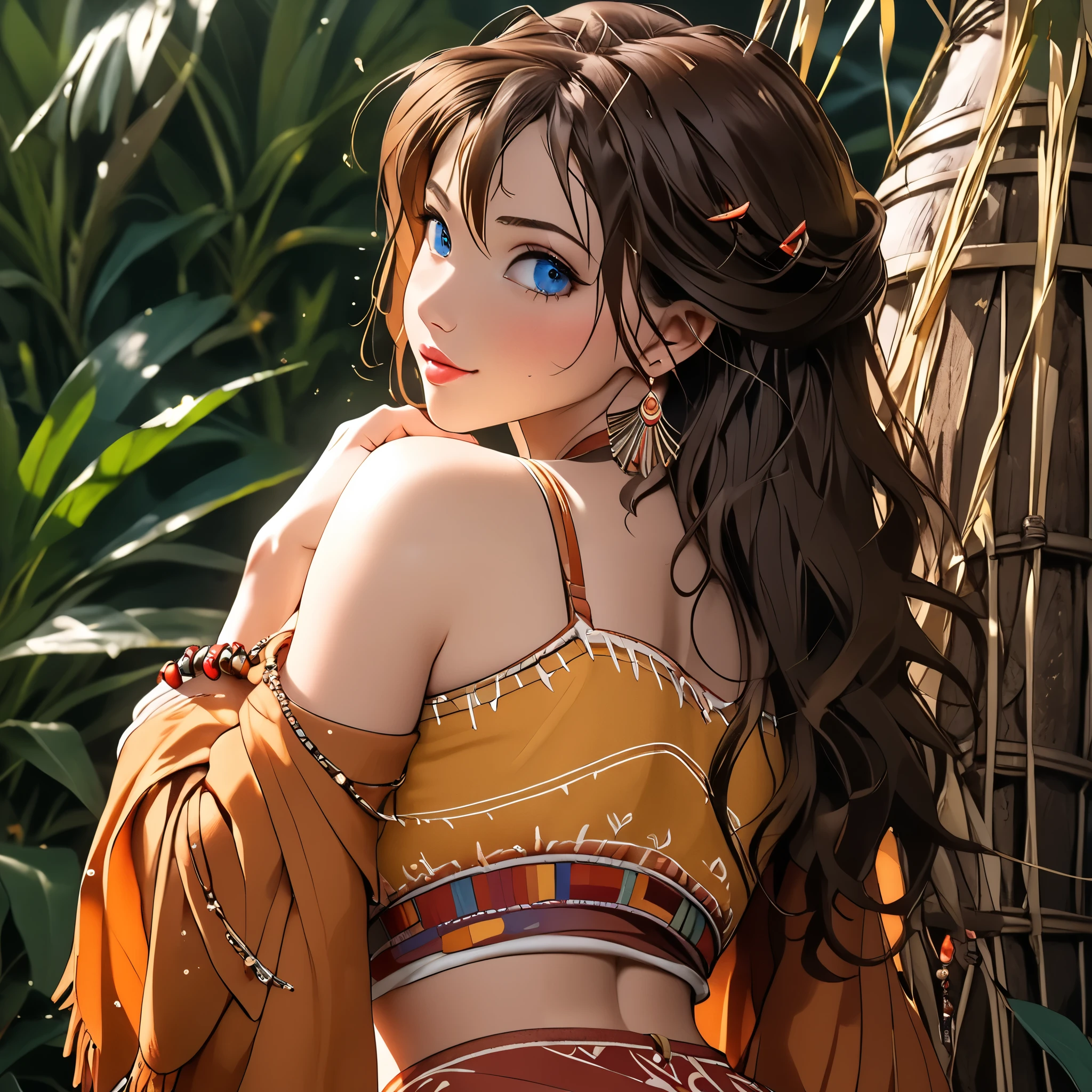 (beautiful girl:1.3),1girl,masterpiece,Highest quality,Ultra-high resolution,rich contrast,super high quality,8k,Highly detailed CG unit wallpaper,texture,Incredibly absurd,Ultra-high resolution,Highest quality anime,professional photograph,an extremely delicate and beautiful,RAW Photos,Depth of Field 1.2,ultra-detailed eyes,Glitter Effect,Beautiful glossy lips, 25years old, gorgeous legs, noise perfect, gorgeous ass, 1girl, gorgeous ass, dynamic pose, sensual woman, seductive woman, mature woman, Milf, maternal, shy look, full body, (type of photo: medium shot, portraying the person from head to waist), JanePorterXLP, long hair, brown hair, blue eyes, makeup,, Boho Set (Adventure and Freedom): Top: Sleeveless linen blouse in terracotta tone with floral embroidery in white thread, with a "V" shaped neckline and thin straps. Bottom: Long skirt with a wrap-around cut, with a multicolor ethnic print in warm tones (red, orange and yellow). The skirt has a lace fringe at the bottom edge. Shoes: Brown leather sandals with thin straps and beaded details. Accessories: Wooden bracelets, silver rings and a straw bag with leather details. WhiteTankTop_JanePorter_ownwaifu,