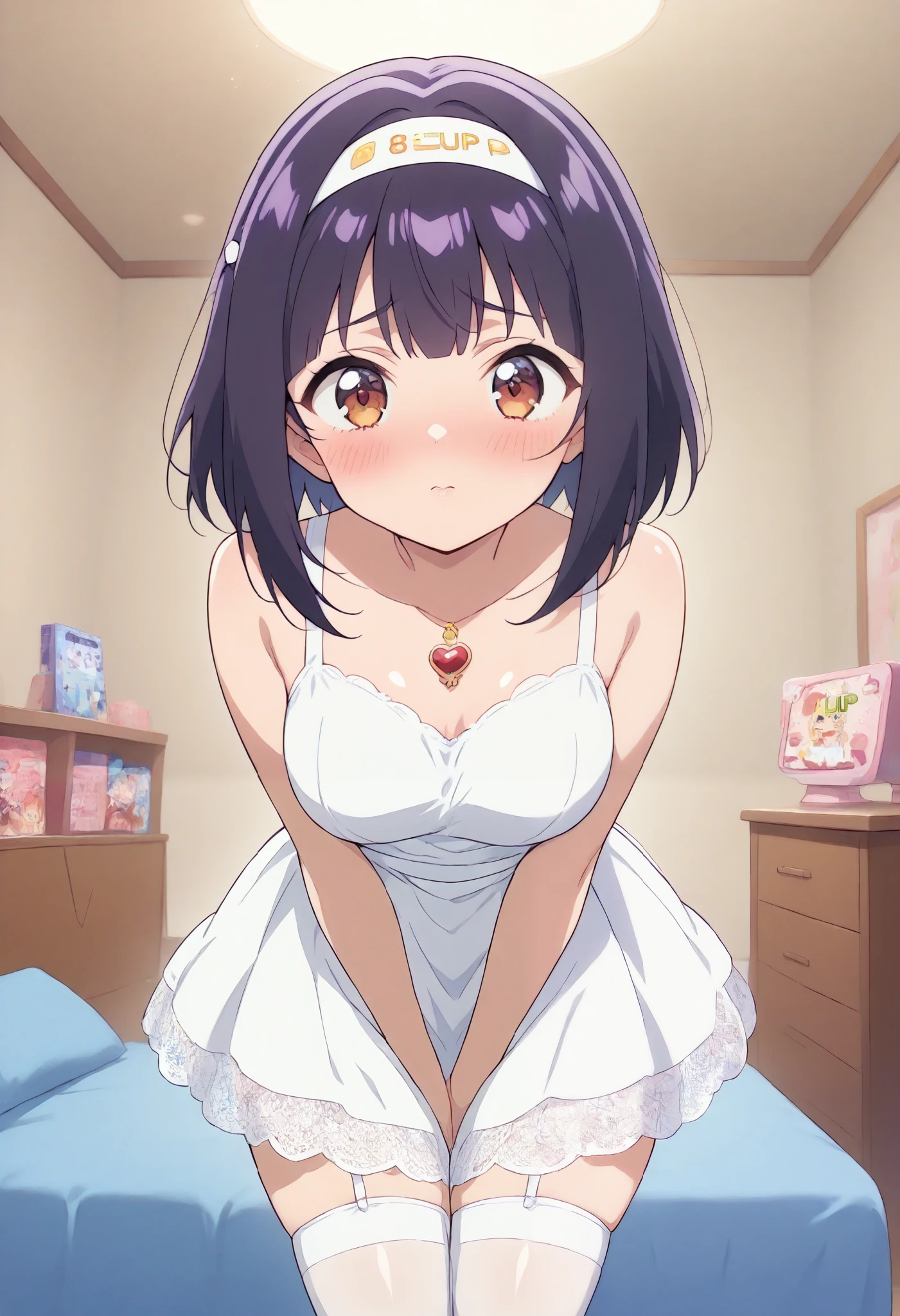 score_9, score_8_up, score_7_up,source_anime, 1girl, looking at viewer, leaning forward, blush, snatched waist, thick thighs, shiny skin, light dress, white lace skirt, bottomless, white stockings, headband, indoor, bedroom,