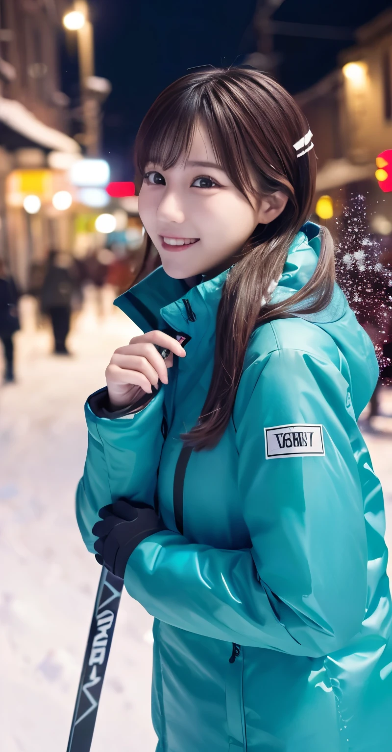 1 girl, (Wear ski wear:1.2), ( RAW Photo , top quality), ( is present, photorealistic:1.4), Masterpiece, (( Knee-length shots )), very delicate and beautiful, extremely detailed, 2k wallpaper, great , Finely Details , Highly Detailed CG Unity 8K Wallpaper , Super Detail, high resolution, Soft light, Beautiful girl in a blue trench coat with great attention to detail , Extremely Precise Eyes and Face , beautiful detailed nose, beautiful detailed eyes, cinematic lights, The lights that color the city on a snowy night , Snow Scenery , It's Snowing , There'Snow in my hair , perfect anatomy in pool water, slender body, I was nervous.,
straight semi-long hair , bangs, watches viewers, smile