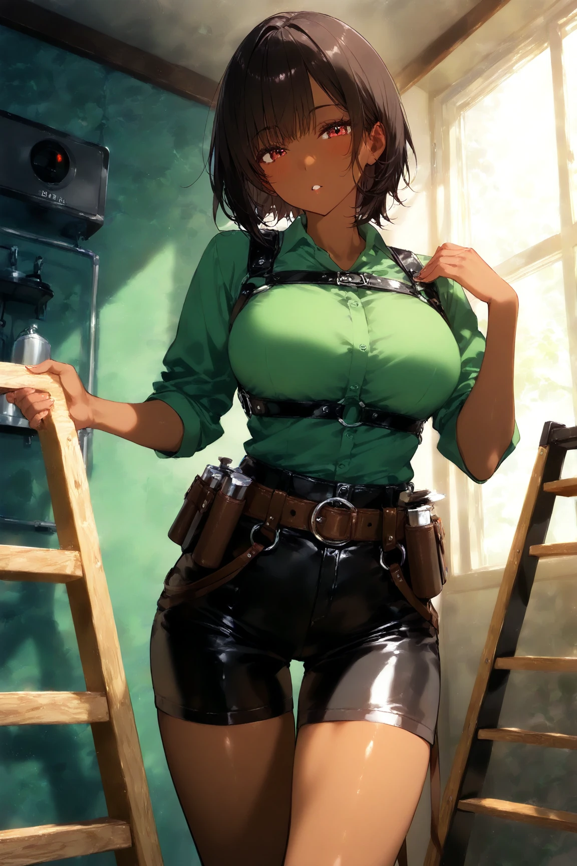 Beautiful alluring firefighter woman, wet oily sweaty dirty Skin, wearing black suspenders and yellow baggy pant, carrying a toolcase on a belt at her waist, topless, in front of a firetruck, toned muscels, abs, Bare Skin, Athletic Well Toned Body, Elegant Form, dieselpunk, Beautiful D&D Character Portrait, Fiverr Dnd Character, Octane Render, Digital Art, Extreme Detail, 4k, Ultra Hd, Polished, Beautiful, Hyperdetailed, Intricate, Elaborate, Meticulous, Photorealistic, Sharp Focus, Wlop, Character Design, Unreal Engine, 3d Rendered, Volumetric Lighting, Reflections, Glossy, Digital Illustration,Sensual Pose, Suggestive Pose, Full Body Shot, Lewd, beautiful perky breasts, visible breasts, anatomically correct ,💖❤💕💋❣,