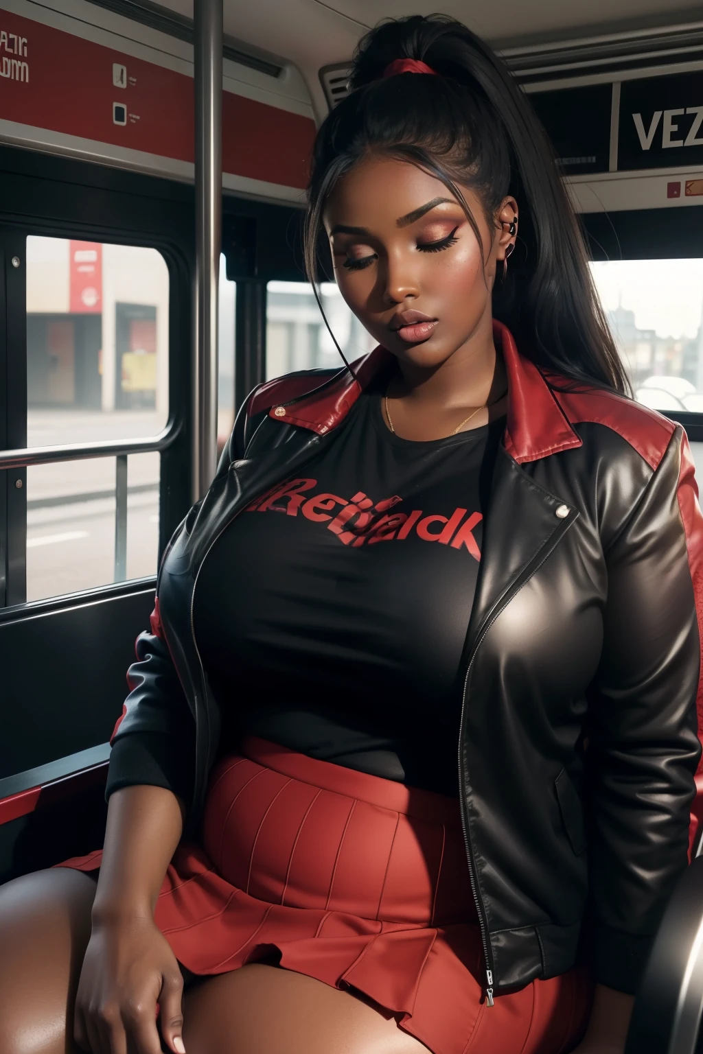 lucy pinder, voluptuous woman, ((Very intense makeup)), dark skin, dark woman, black hair, long hair, curly hair, red t-shirt, black jacket, red skirt, sitting on the bus, ((eyes closed)), open mouth, ((chubby woman)).