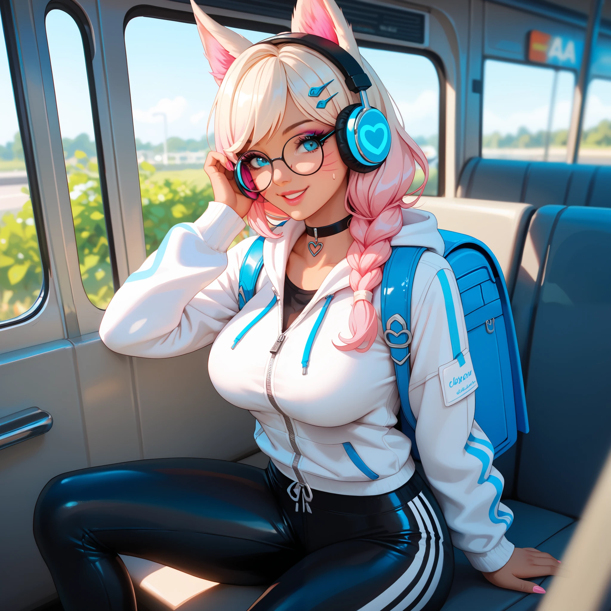 looks at the viewer with a passionate look, passionate smile, large lush breasts, (blue neon headphones), 1 girl, (single braid, colored hair blue braid with pink curls), black leather choker, (white zip-up hoodie), round-framed glasses, low-cut, solo, blue eyes, ahri, black tight sweatpants, lush elastic hips, athletic body, makeup, tan, backpack, empty subway car,