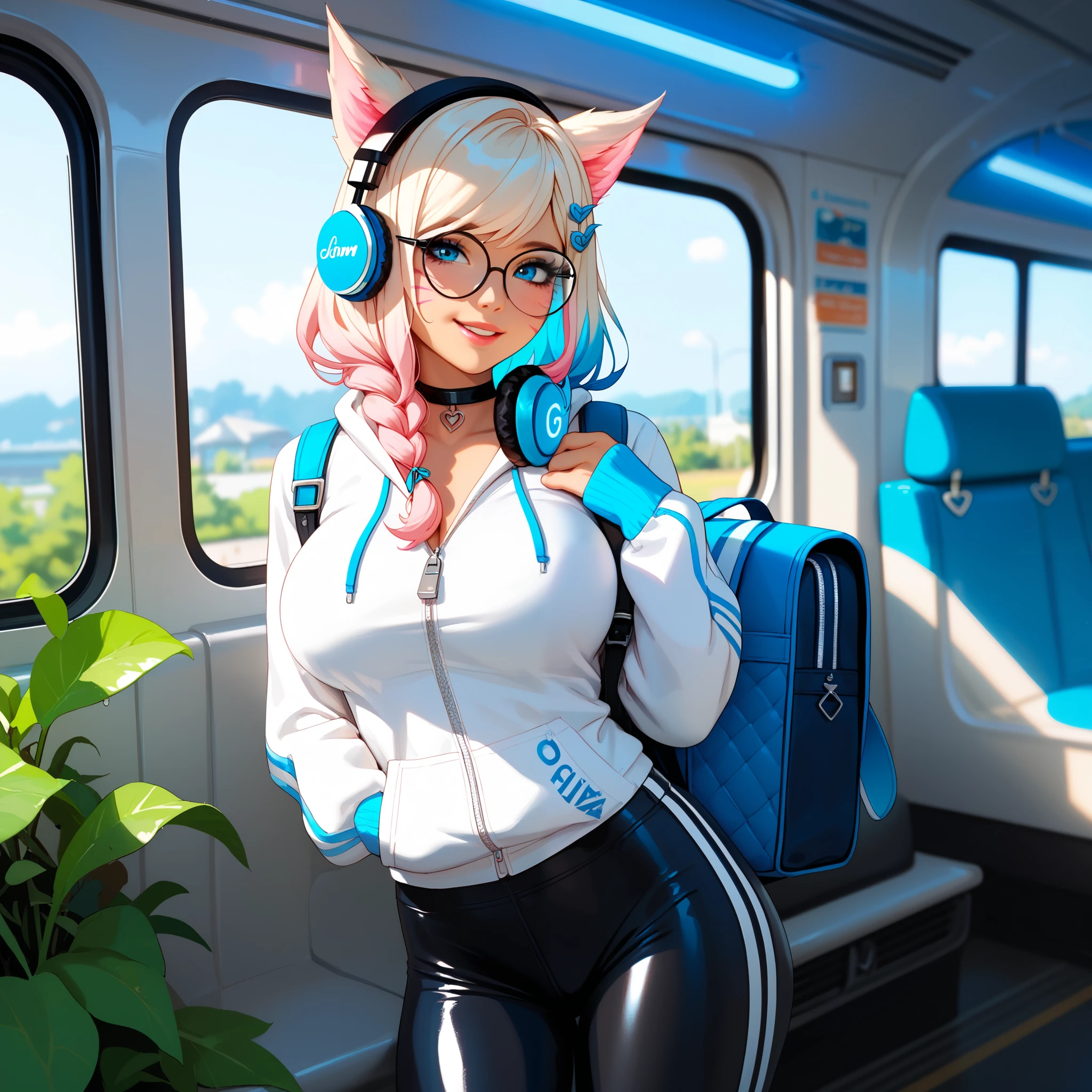 looks at the viewer with a passionate look, passionate smile, large lush breasts, (blue neon headphones), 1 girl, (single braid, colored hair blue braid with pink curls), black leather choker, (white zip-up hoodie), round-framed glasses, low-cut, solo, blue eyes, ahri, black tight sweatpants, lush elastic hips, athletic body, makeup, tan, backpack, empty subway car,