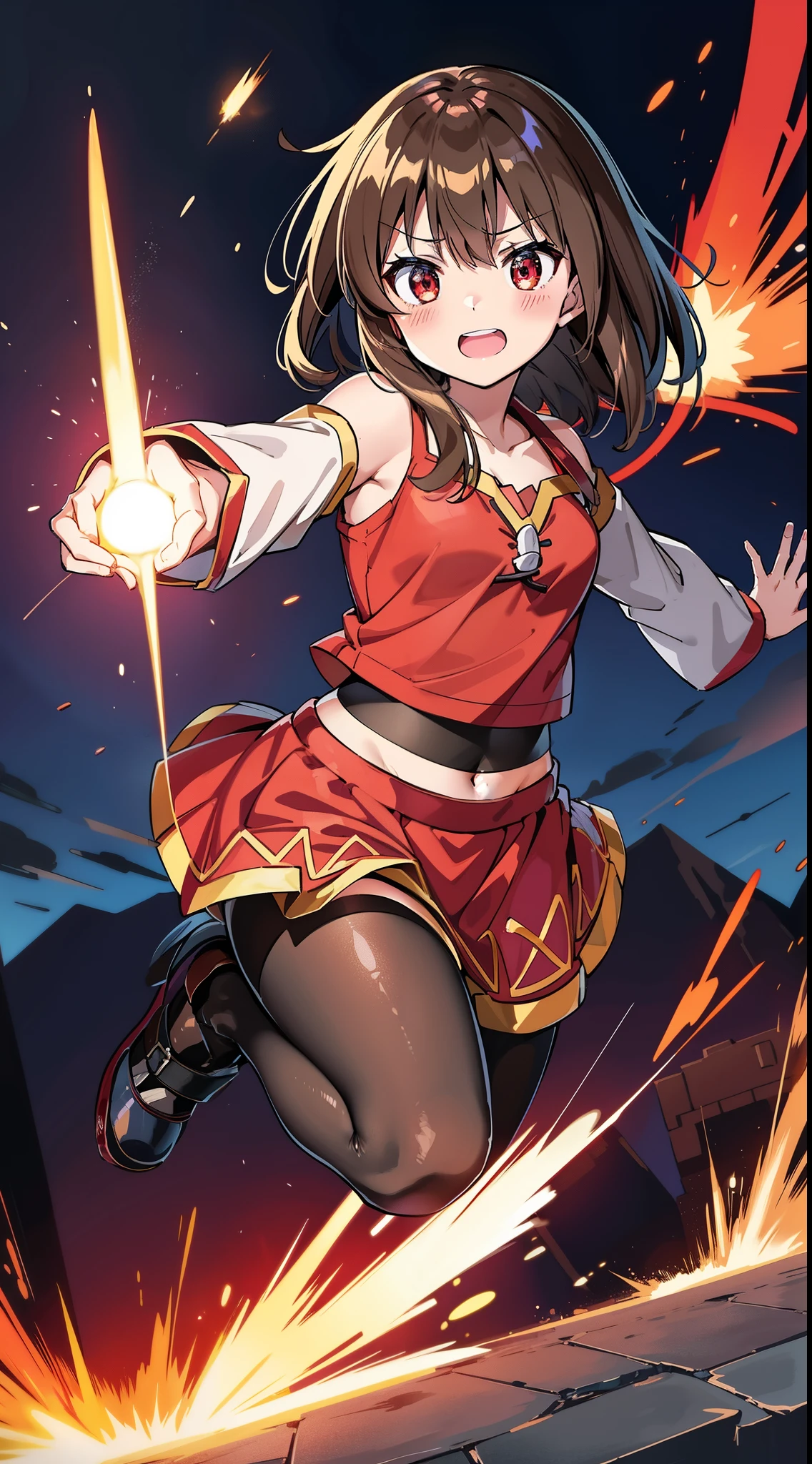 NSFW、Masterpiece、Detailed、Cute smile、((Sweat))、Casting Magic, explosion, whole body,  Are standing, boots, Megumin, Megumindef、Nipples、(((Love juice)))