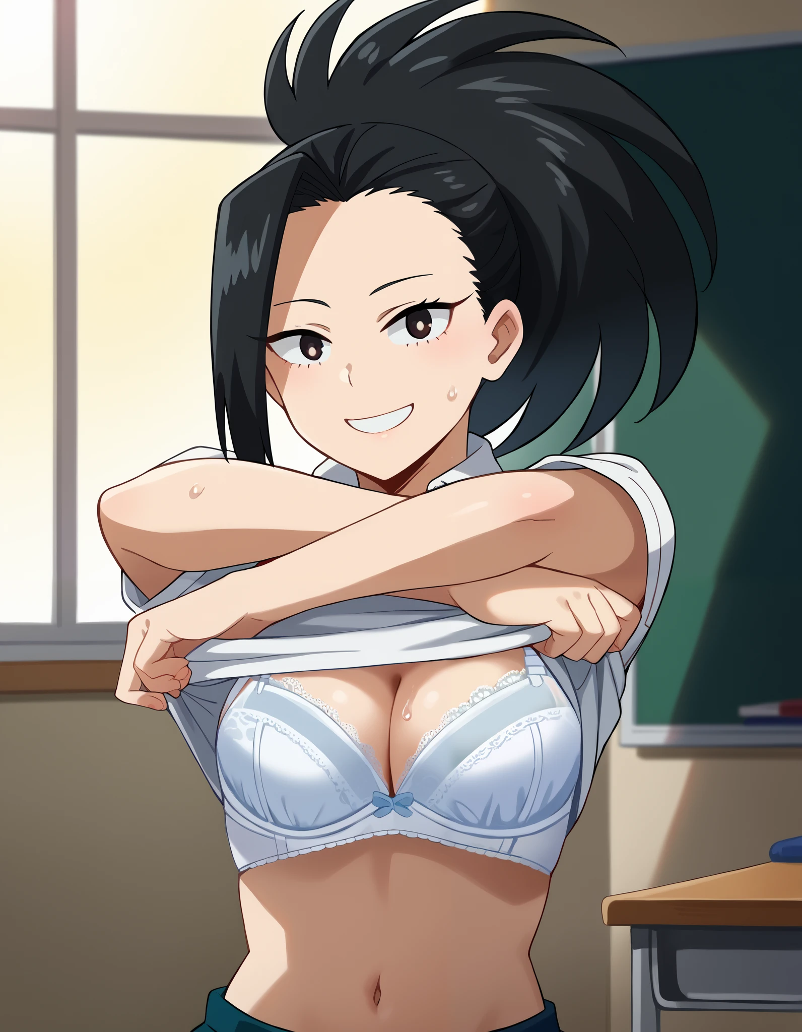 score_9, score_8_up, score_7_up, source_anime, yaoyorozumomo, yaoyorozu momo, long hair, bangs, black hair, ponytail, high ponytail, wide ponytail, shirt, school uniform, white shirt, short sleeves, collared shirt, u.a. school uniform, indoors, standing, ((gym storage room)), dark room, ((((evil smile)))), ((alone)), ((classroom)), ((looking at viewer)), (((mischievous smile))), grin, ((((afternoon)))), ((sun set)), ((heavy shadows)), ((undressing shirt)), white bra, (cleavage), undressing crossed arms, shirt, navel, cleavage, underwear, white shirt, sweat, clothes lift, bra, shirt lift, undressing, lifted by self